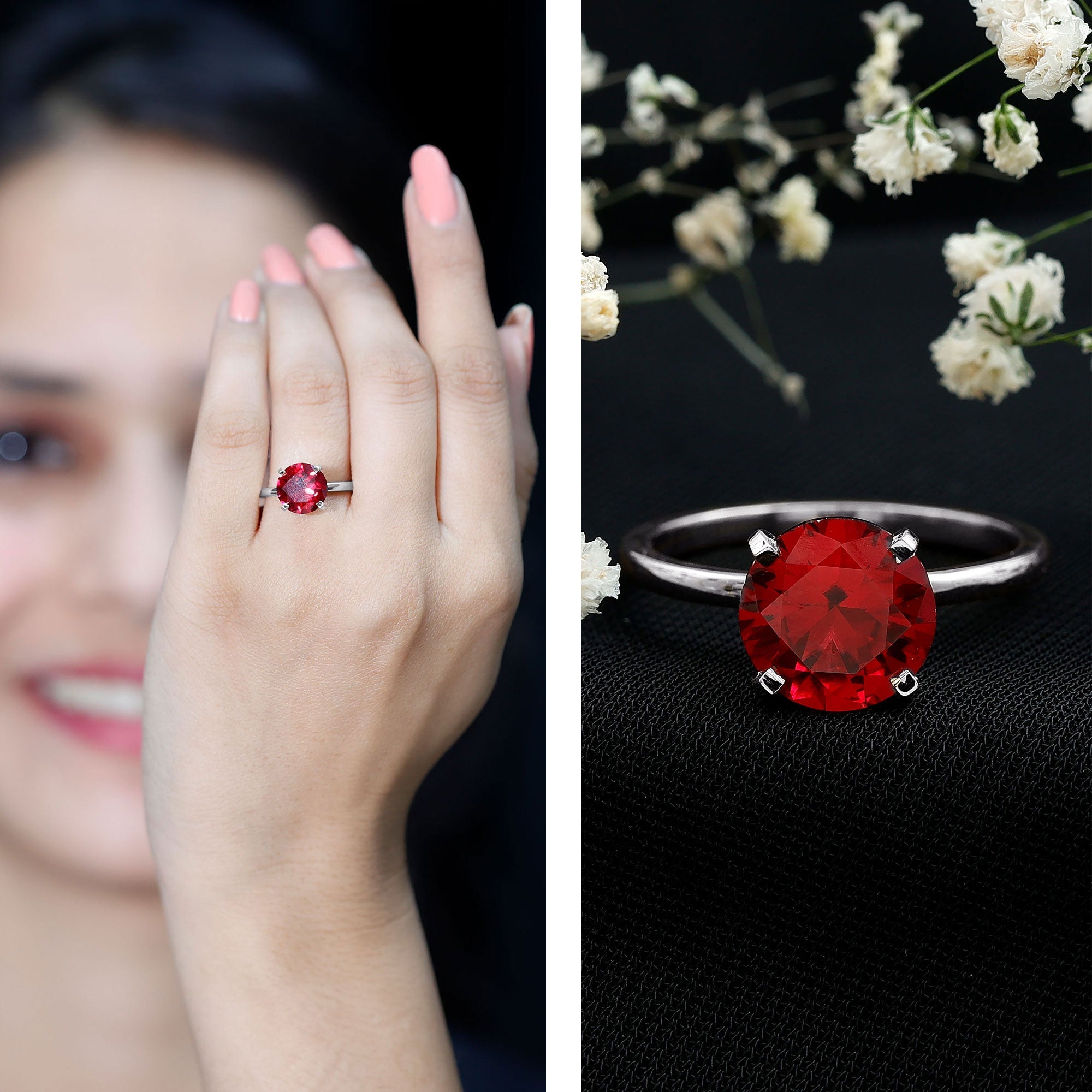 9 MM Round Cut Created Ruby Solitaire Ring for Women
