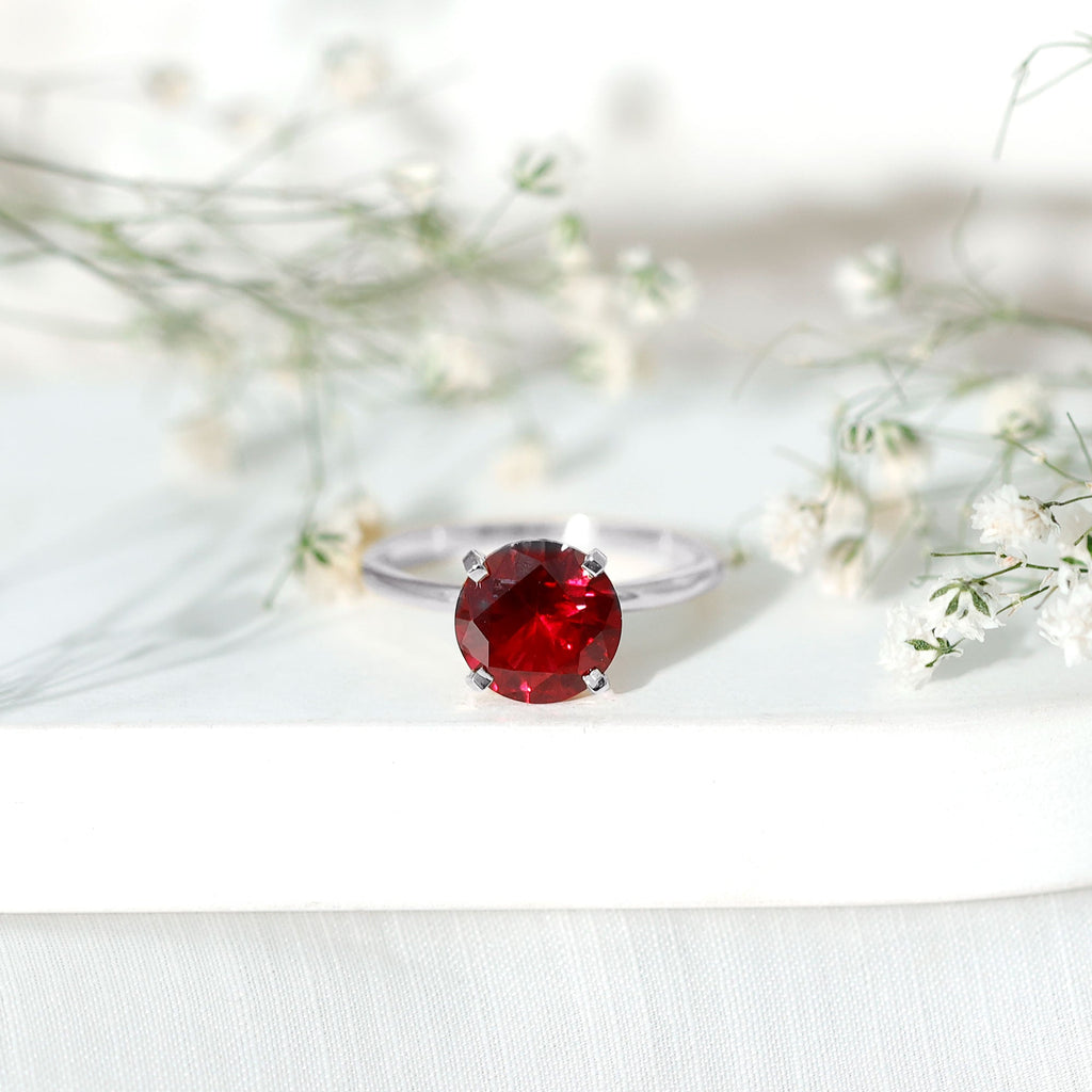 9 MM Round Cut Created Ruby Solitaire Ring for Women