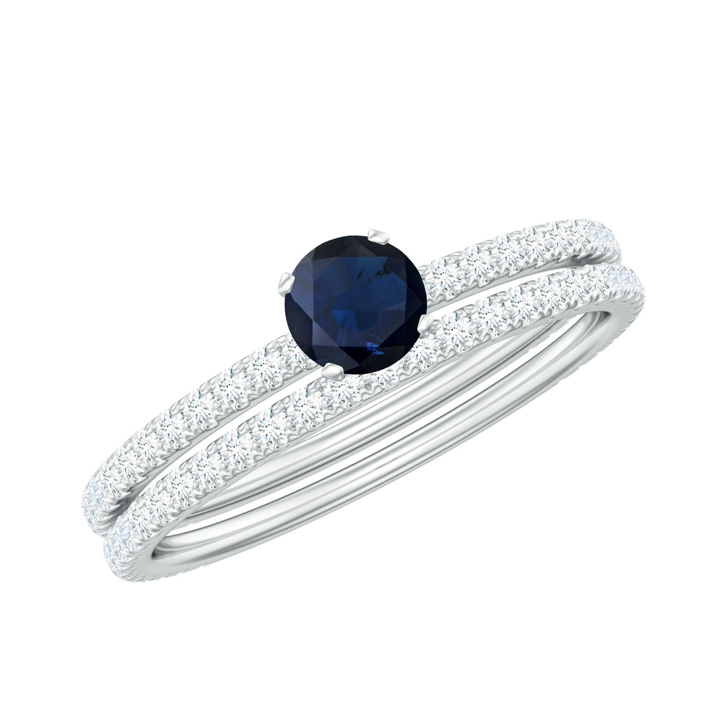 Blue Sapphire Bridal Ring Set (0.95 CT) with Diamond Bands