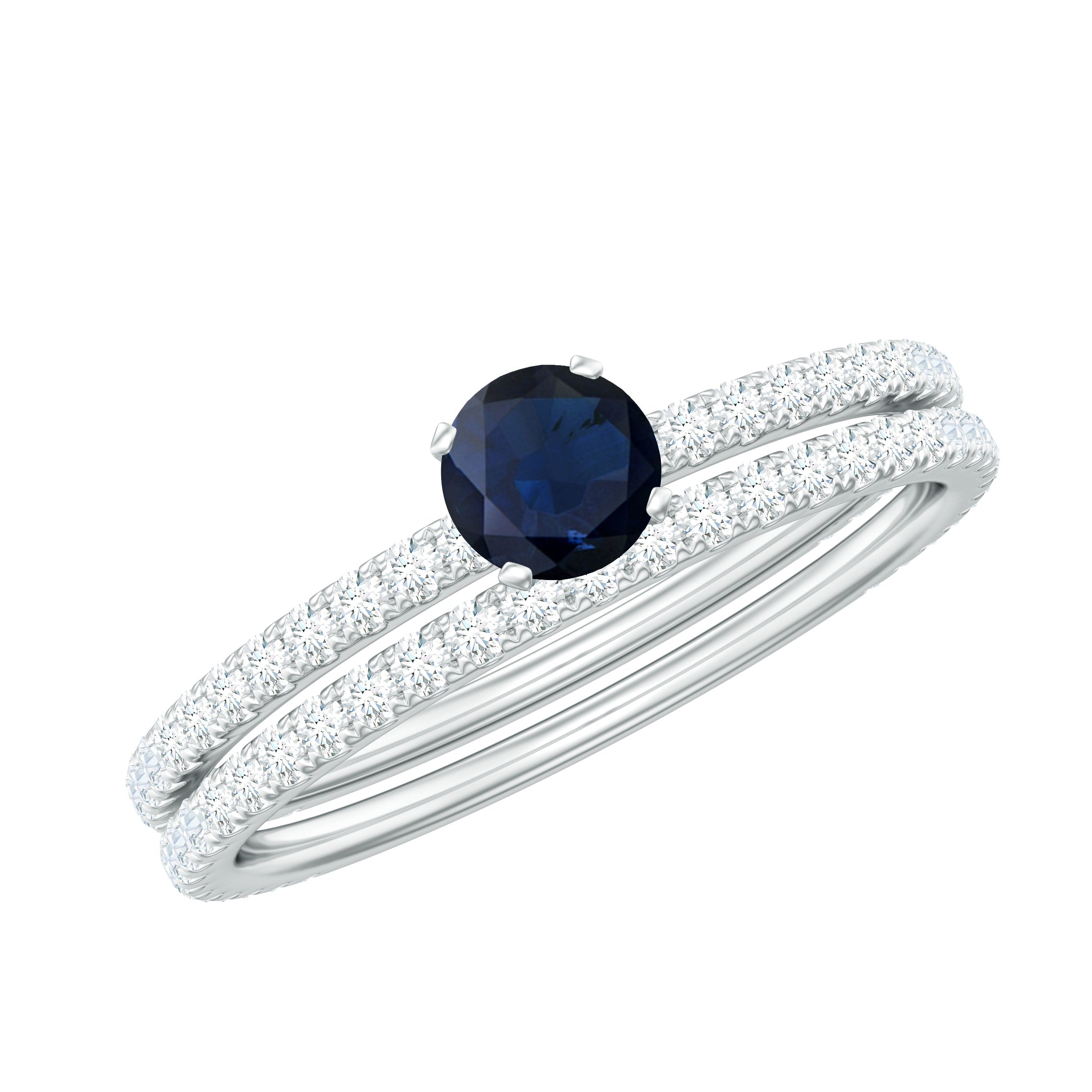 Blue Sapphire Bridal Ring Set (0.95 CT) with Diamond Bands