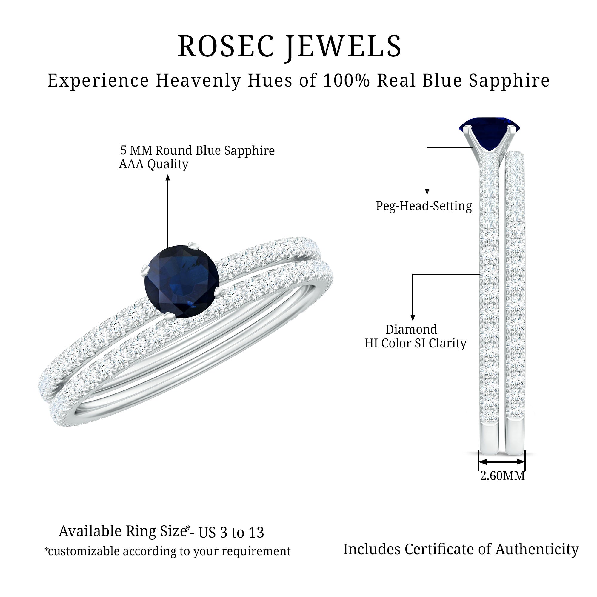Blue Sapphire Bridal Ring Set (0.95 CT) with Diamond Bands
