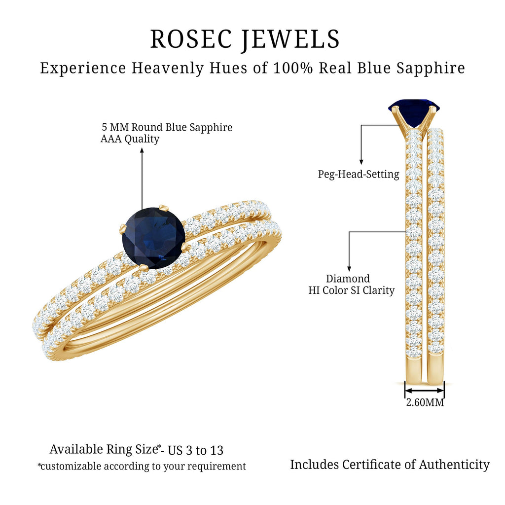Blue Sapphire Bridal Ring Set (0.95 CT) with Diamond Bands