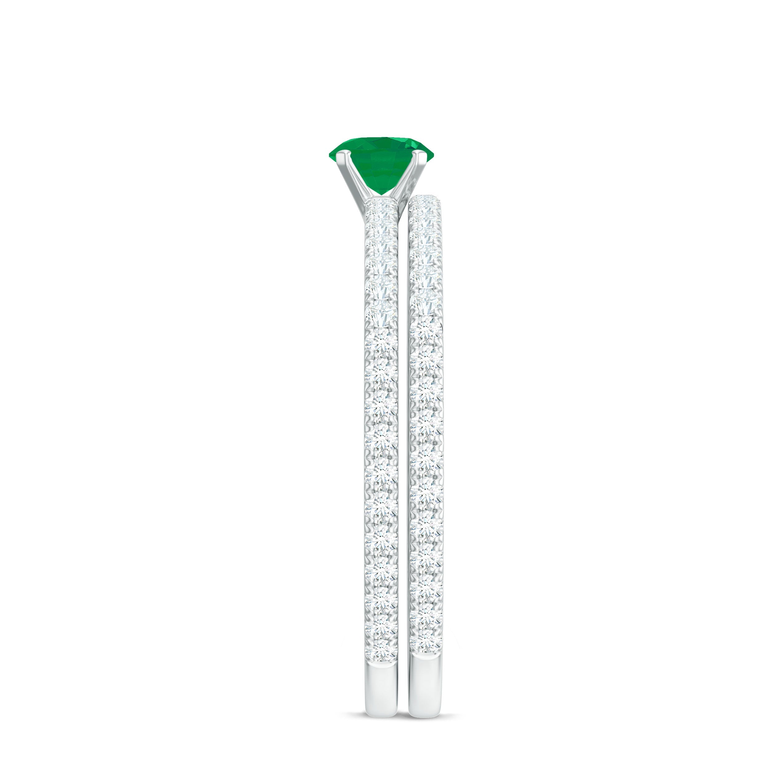 Minimal Emerald Diamond Wedding Engagement Ring Set of 2
