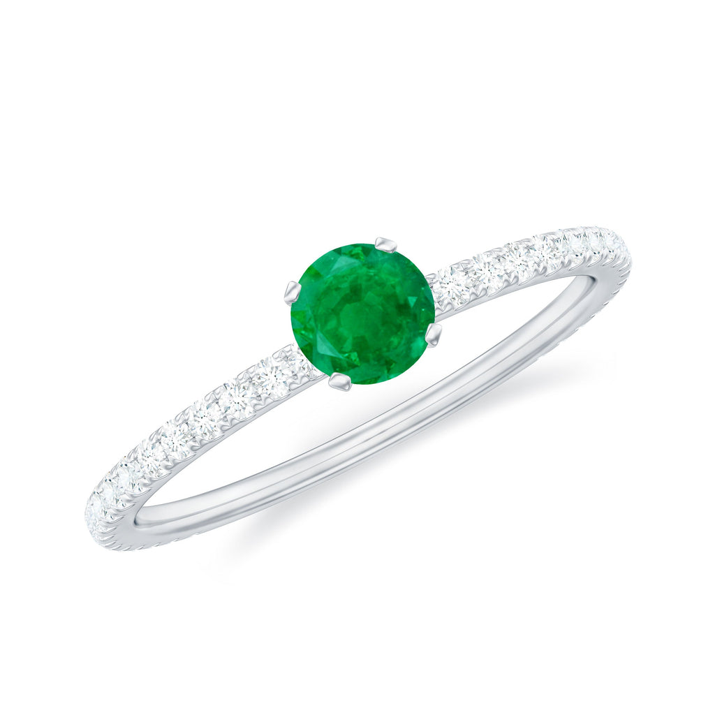 4 MM Emerald Dainty Solitaire Ring with French Pave Set Diamond