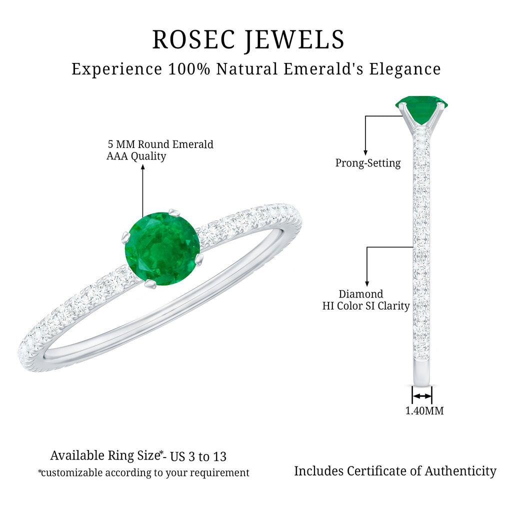 4 MM Emerald Dainty Solitaire Ring with French Pave Set Diamond