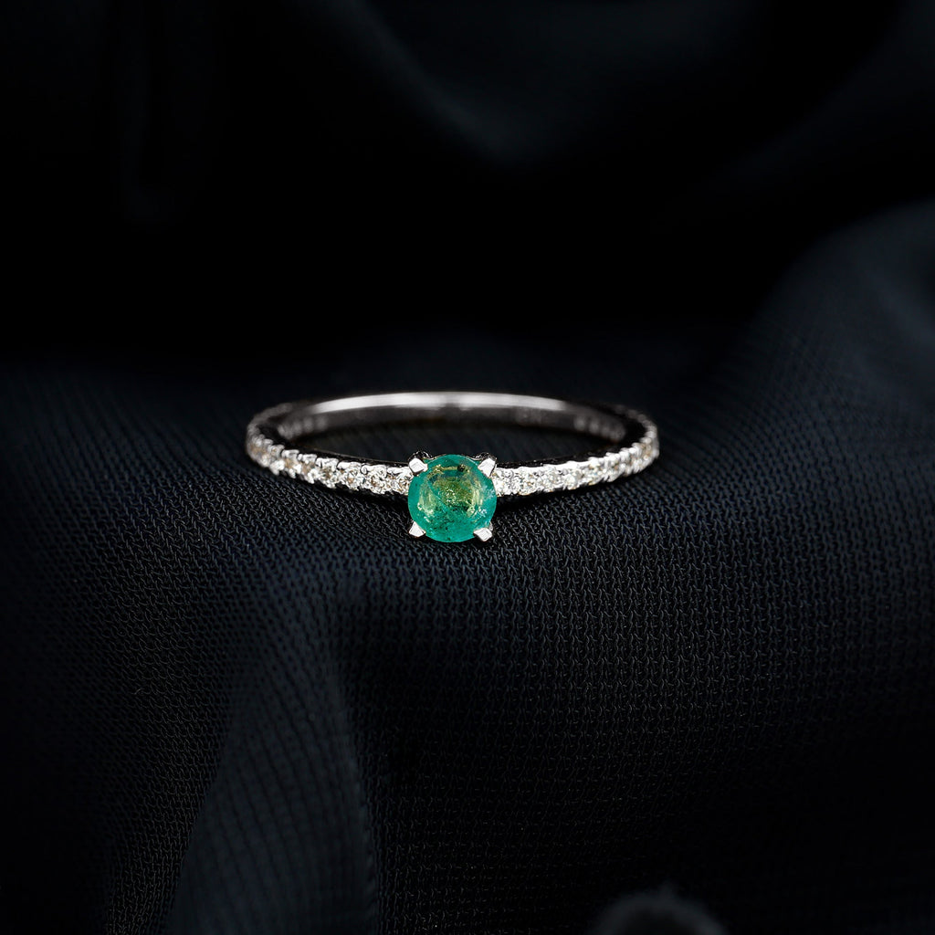 4 MM Emerald Dainty Solitaire Ring with French Pave Set Diamond