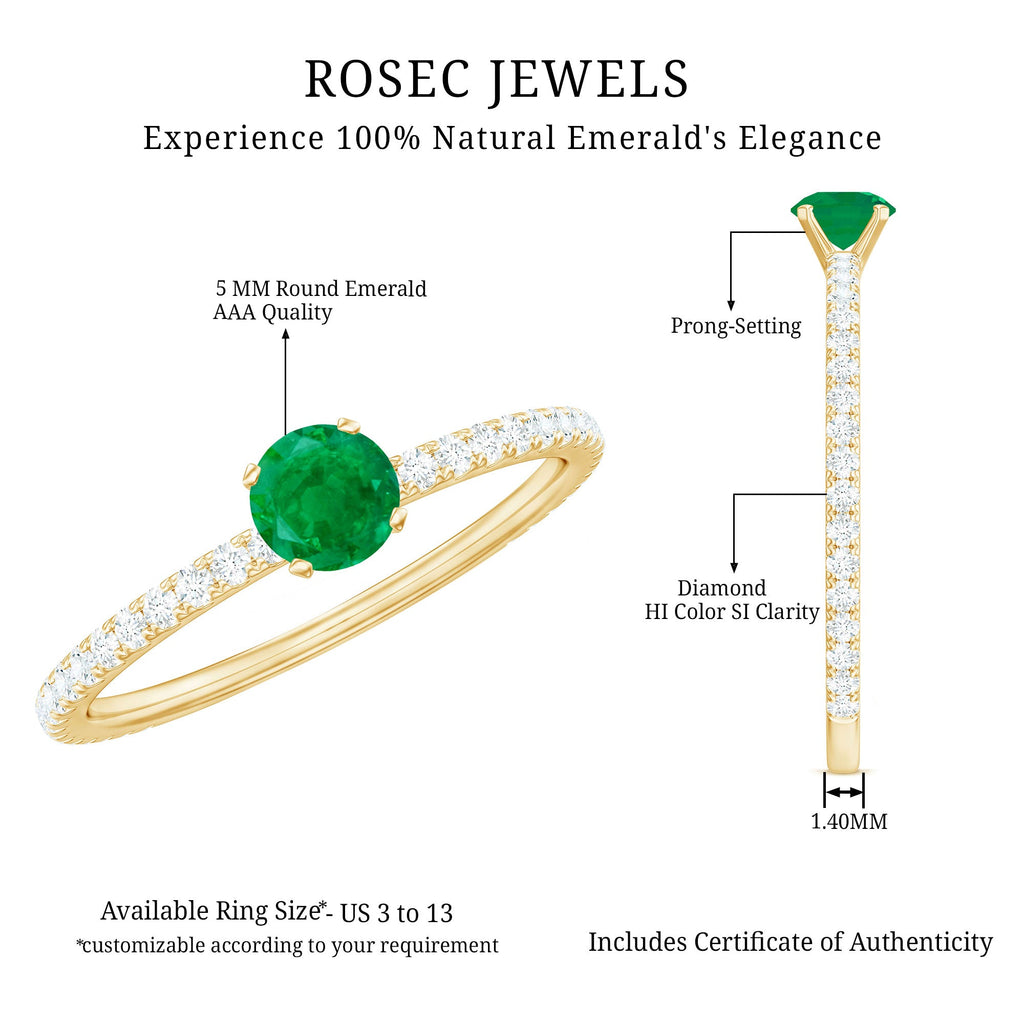 4 MM Emerald Dainty Solitaire Ring with French Pave Set Diamond