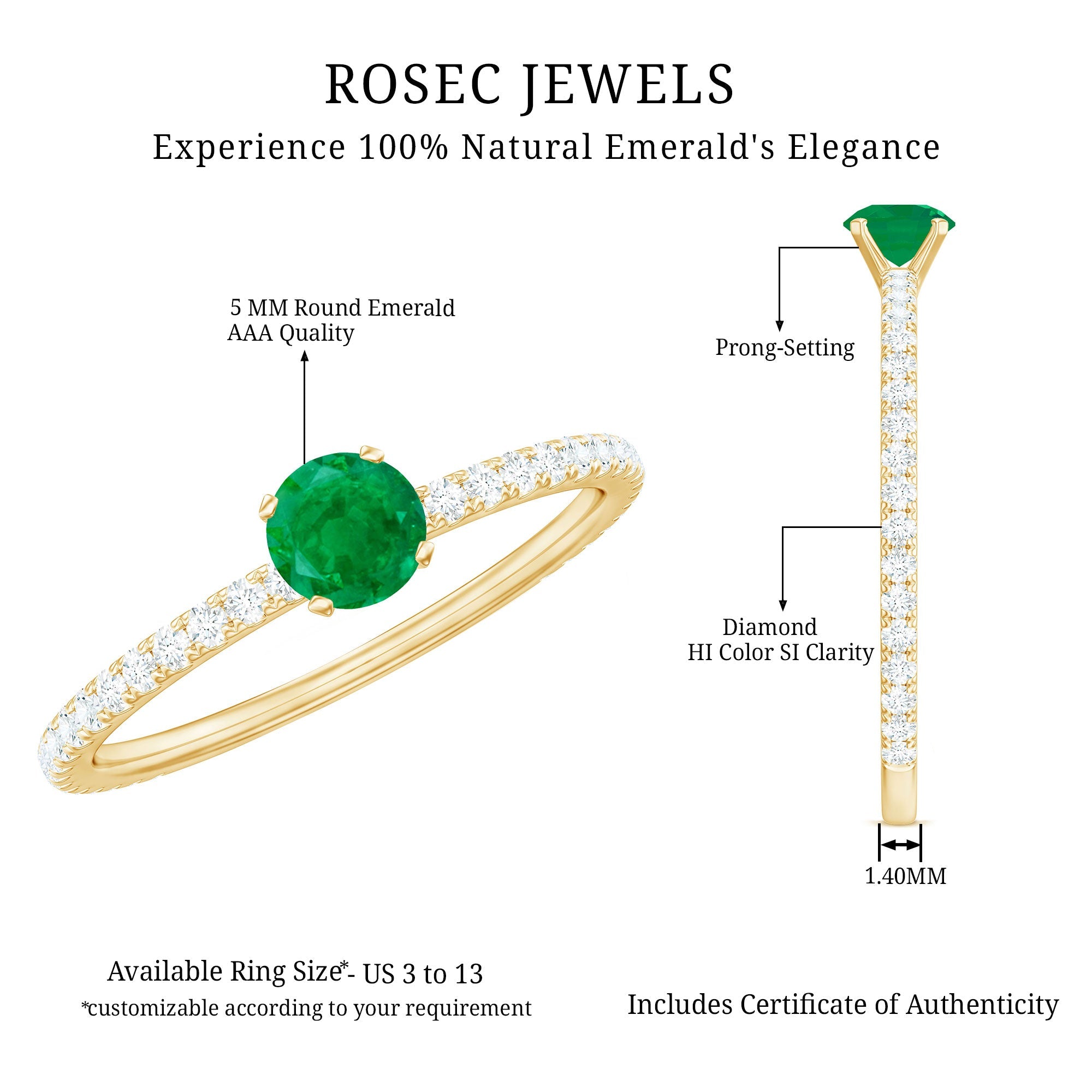 4 MM Emerald Dainty Solitaire Ring with French Pave Set Diamond