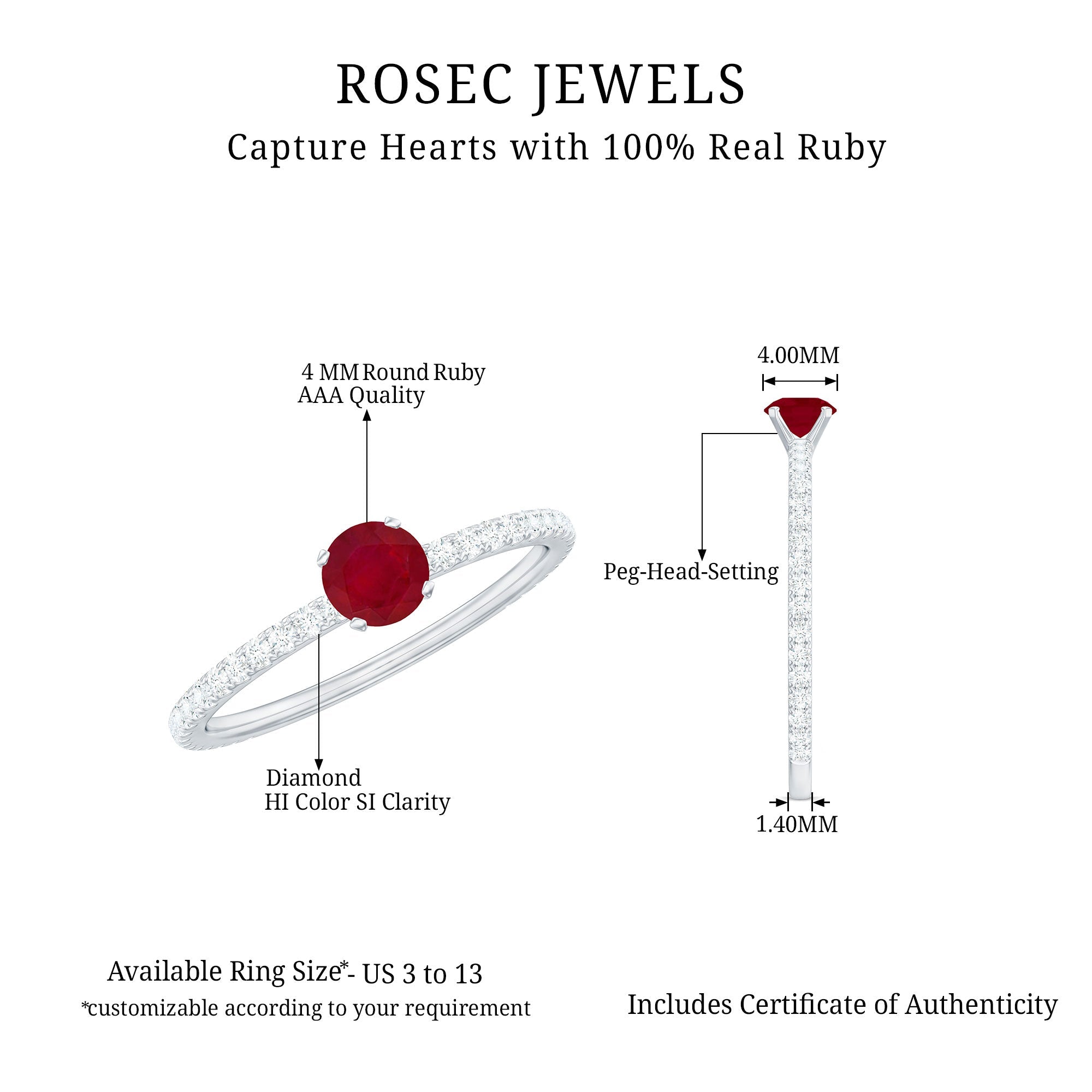 Round Shape Ruby Dainty Solitaire Ring with Diamond