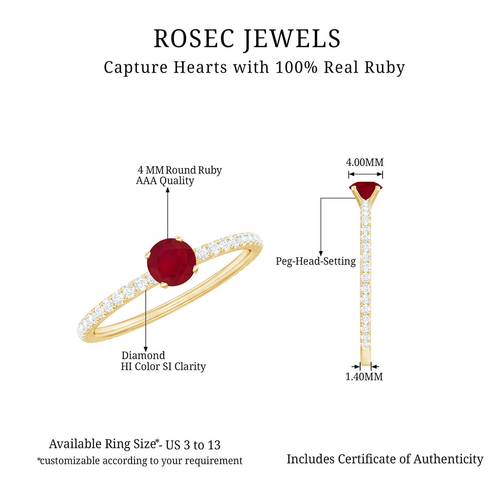 Round Shape Ruby Dainty Solitaire Ring with Diamond