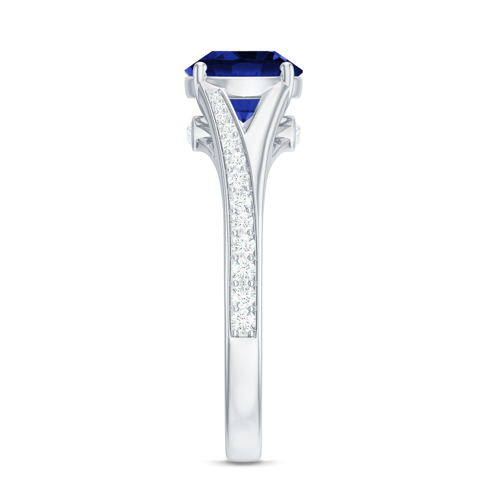8mm Round Lab Grown Blue Sapphire Engagement Ring with Diamond Split Shank