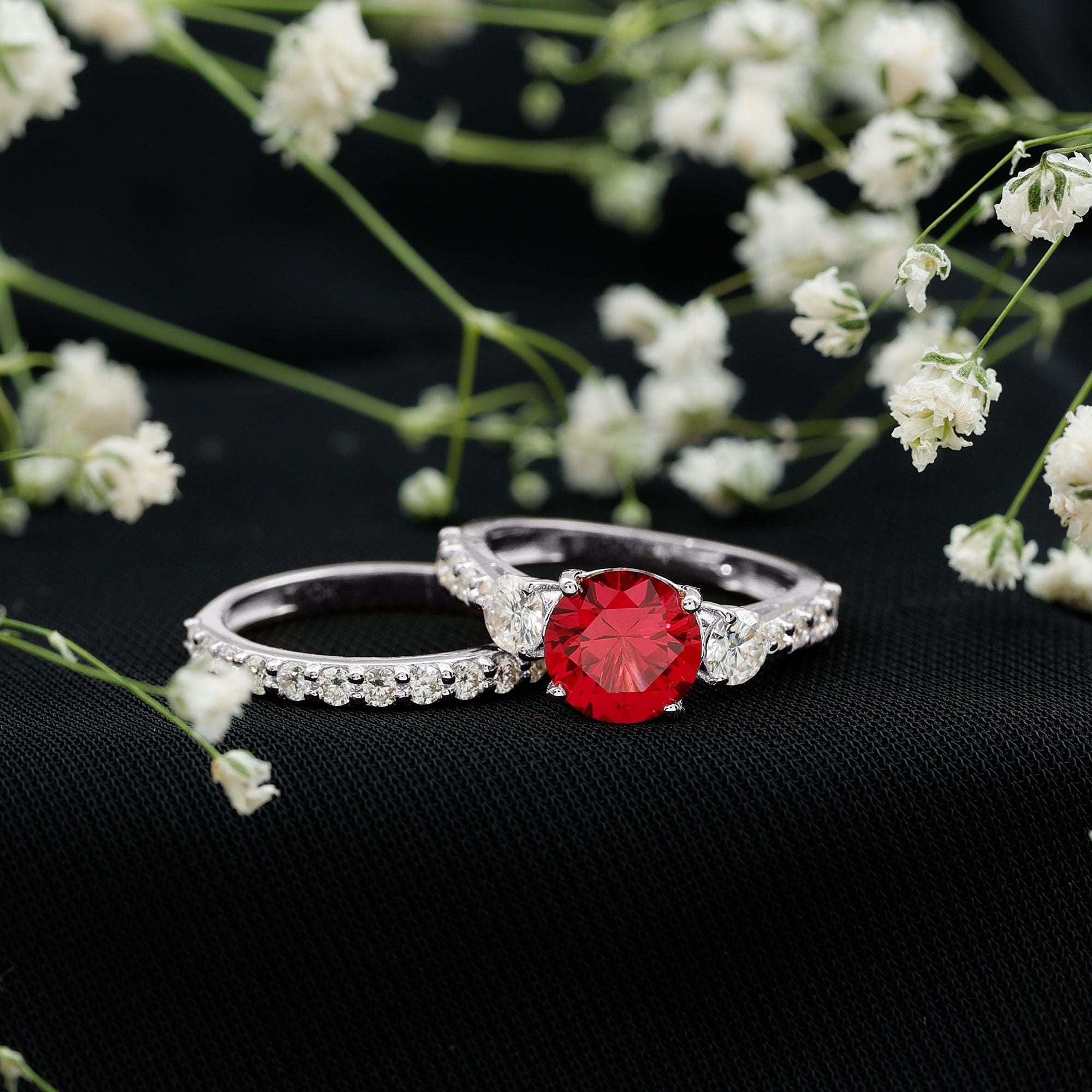 Classic Created Ruby Bridal Ring Set with Moissanite in Gold