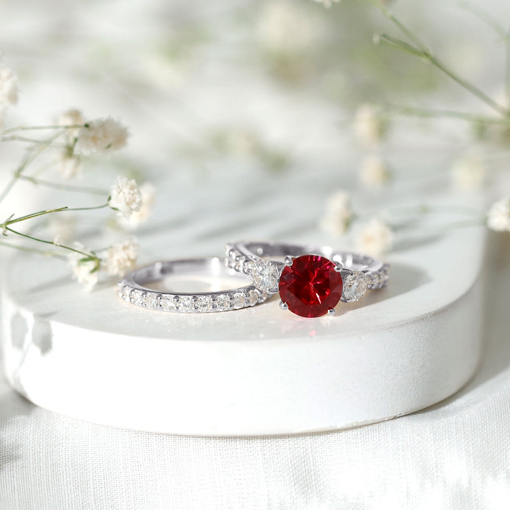 Classic Created Ruby Bridal Ring Set with Moissanite in Gold