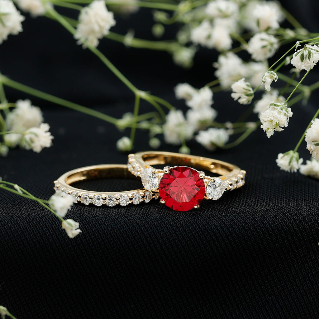 Classic Created Ruby Bridal Ring Set with Moissanite in Gold