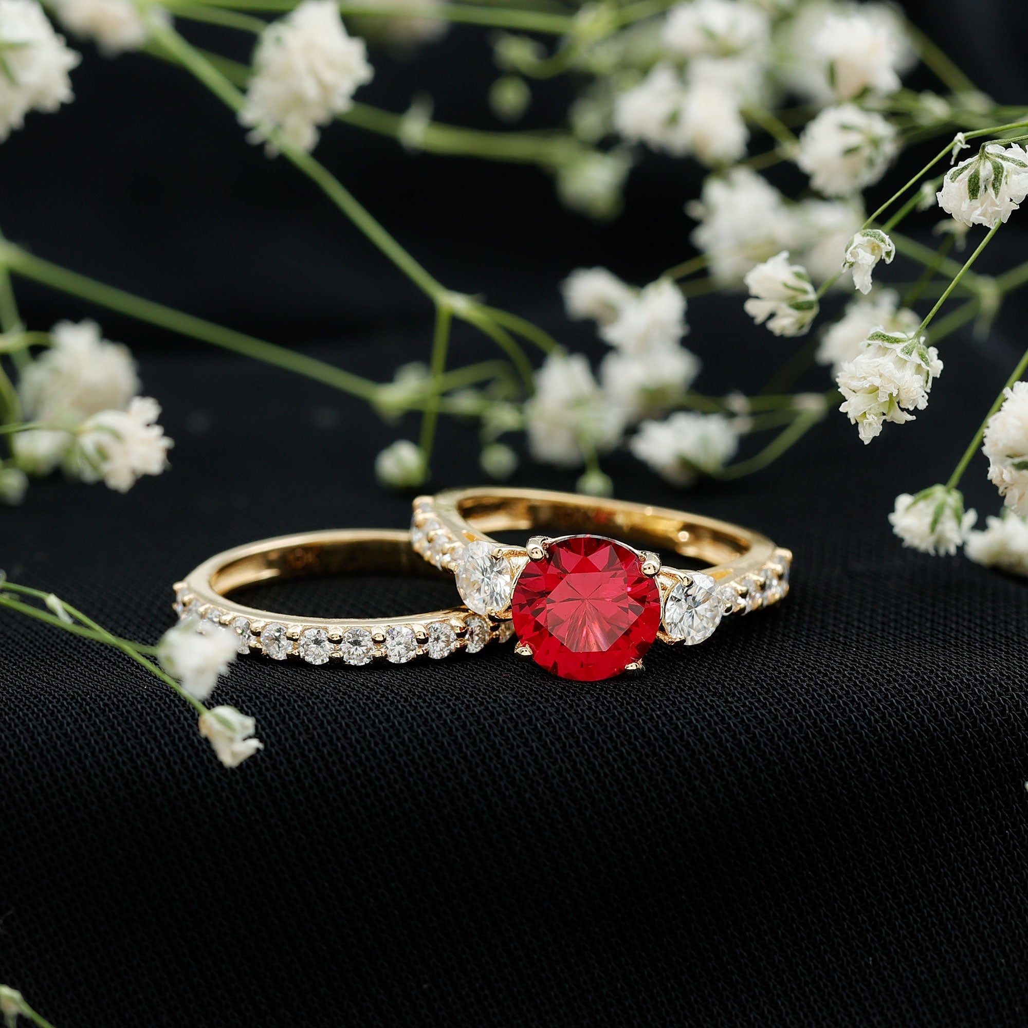 Classic Created Ruby Bridal Ring Set with Moissanite in Gold