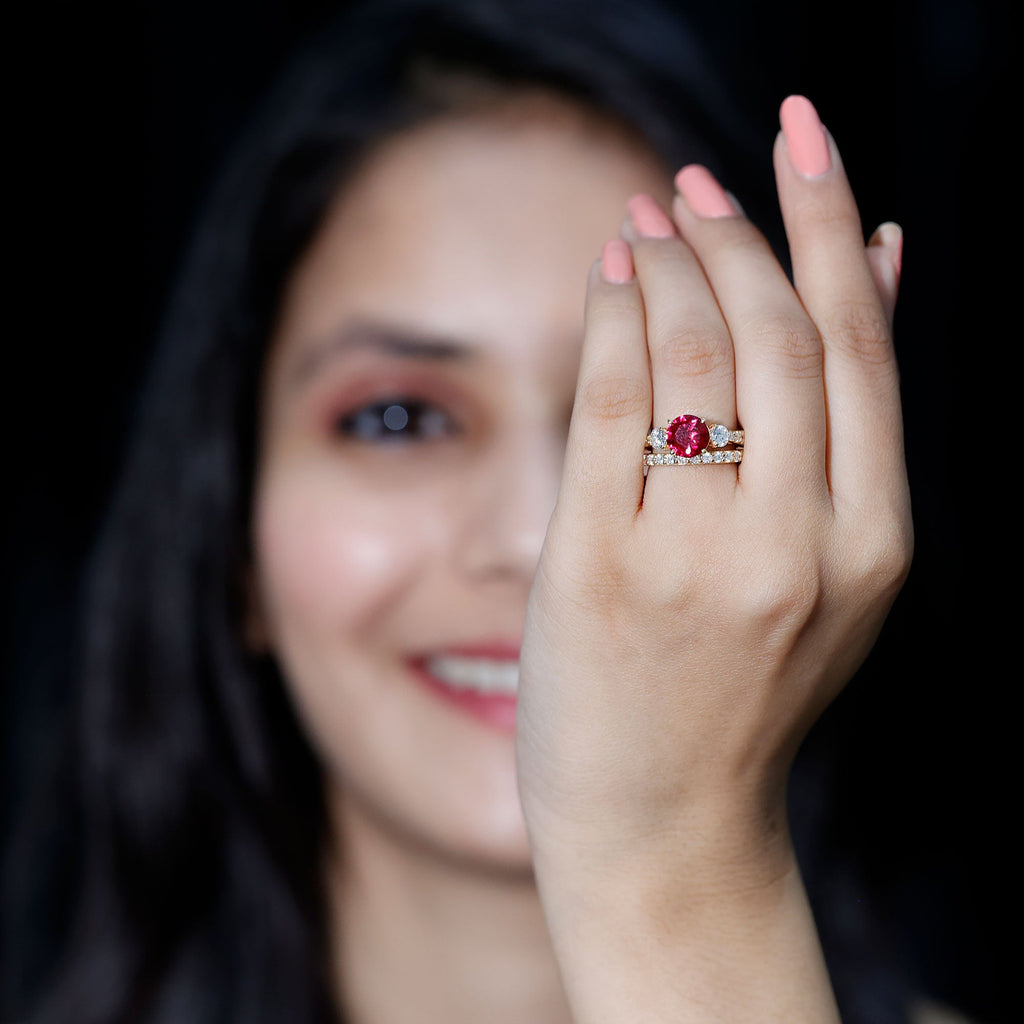 Classic Created Ruby Bridal Ring Set with Moissanite in Gold