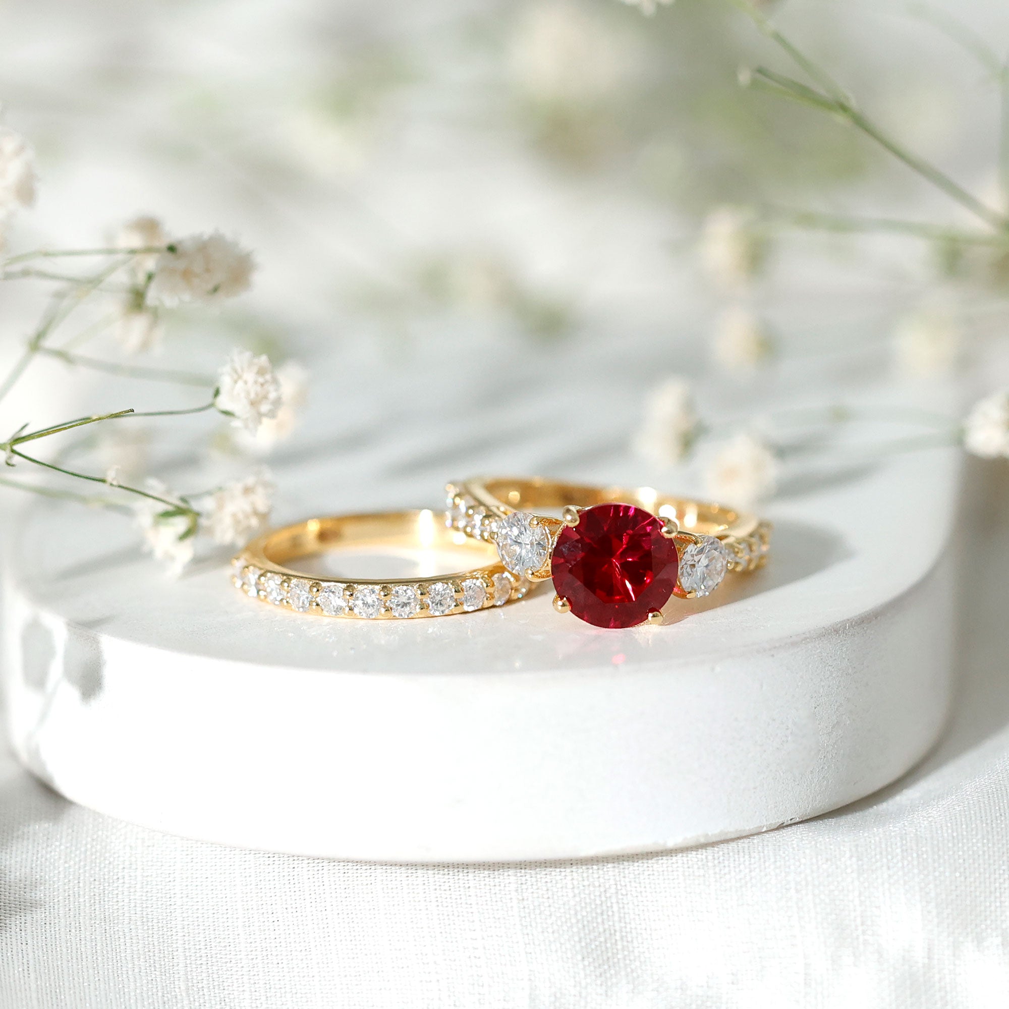 Classic Created Ruby Bridal Ring Set with Moissanite in Gold