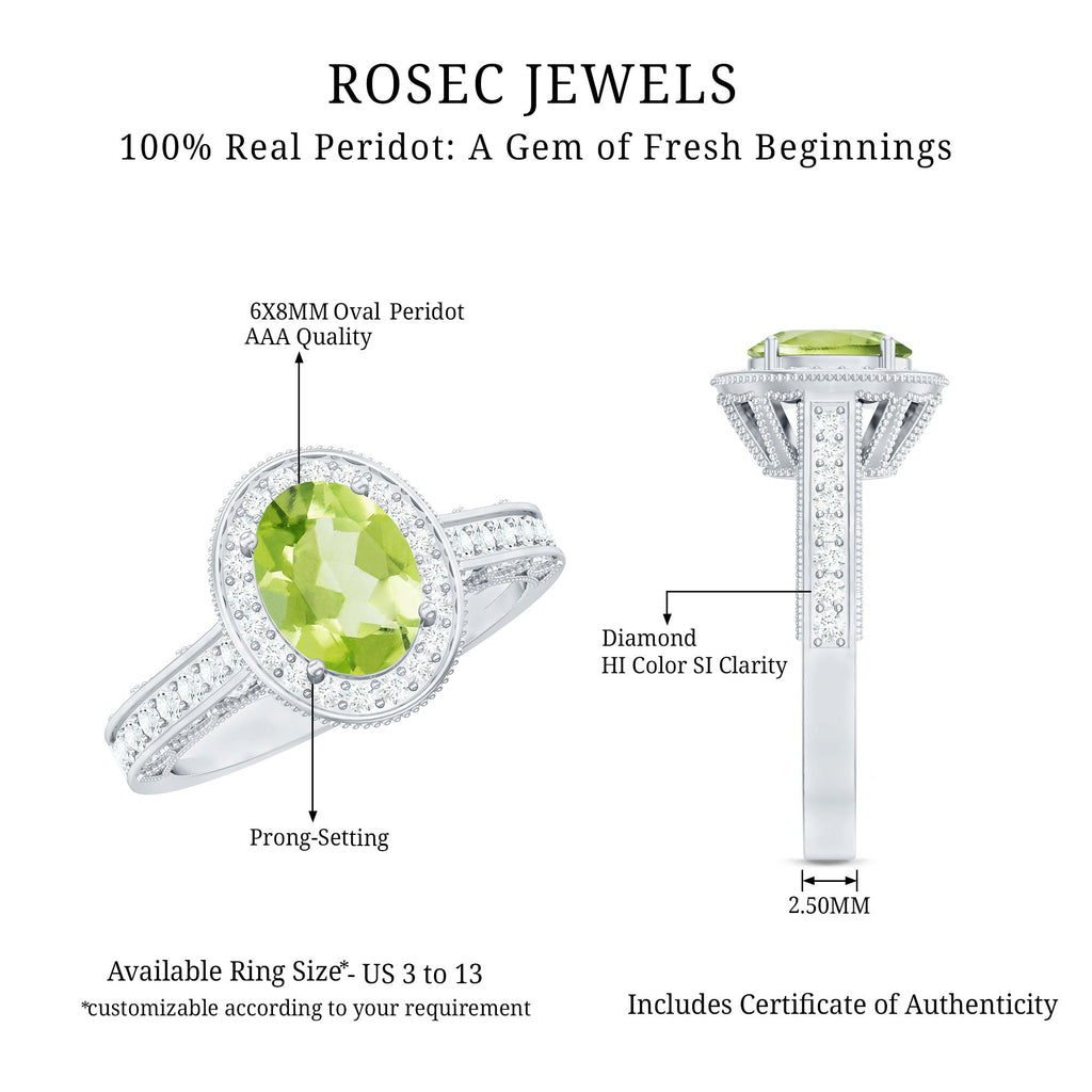 Natural Peridot and Diamond Engagement Ring with Milgrain Details