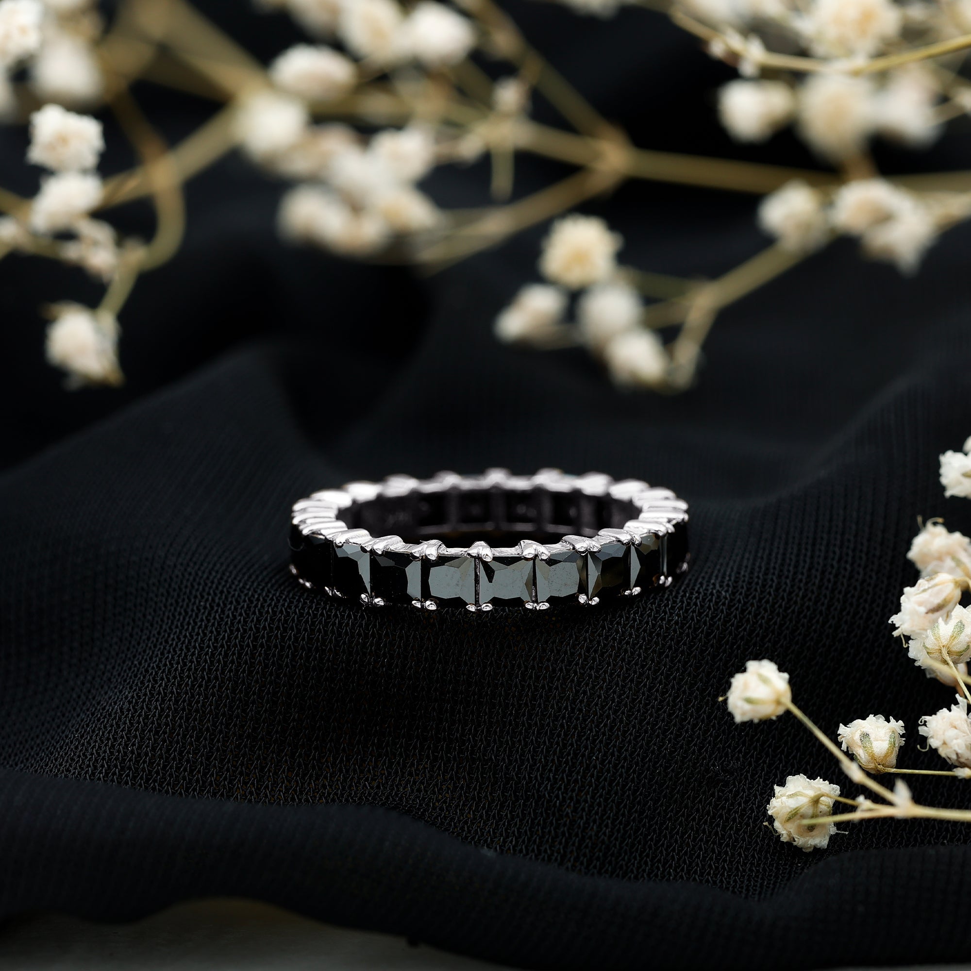 Certified Black Spinel Princess Cut Eternity Band Ring