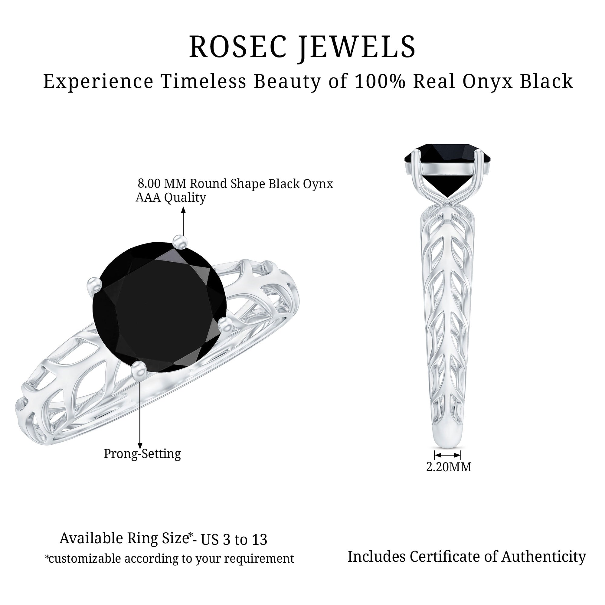 Round Cut Solitaire Black Onyx Engagement Ring with Certificate