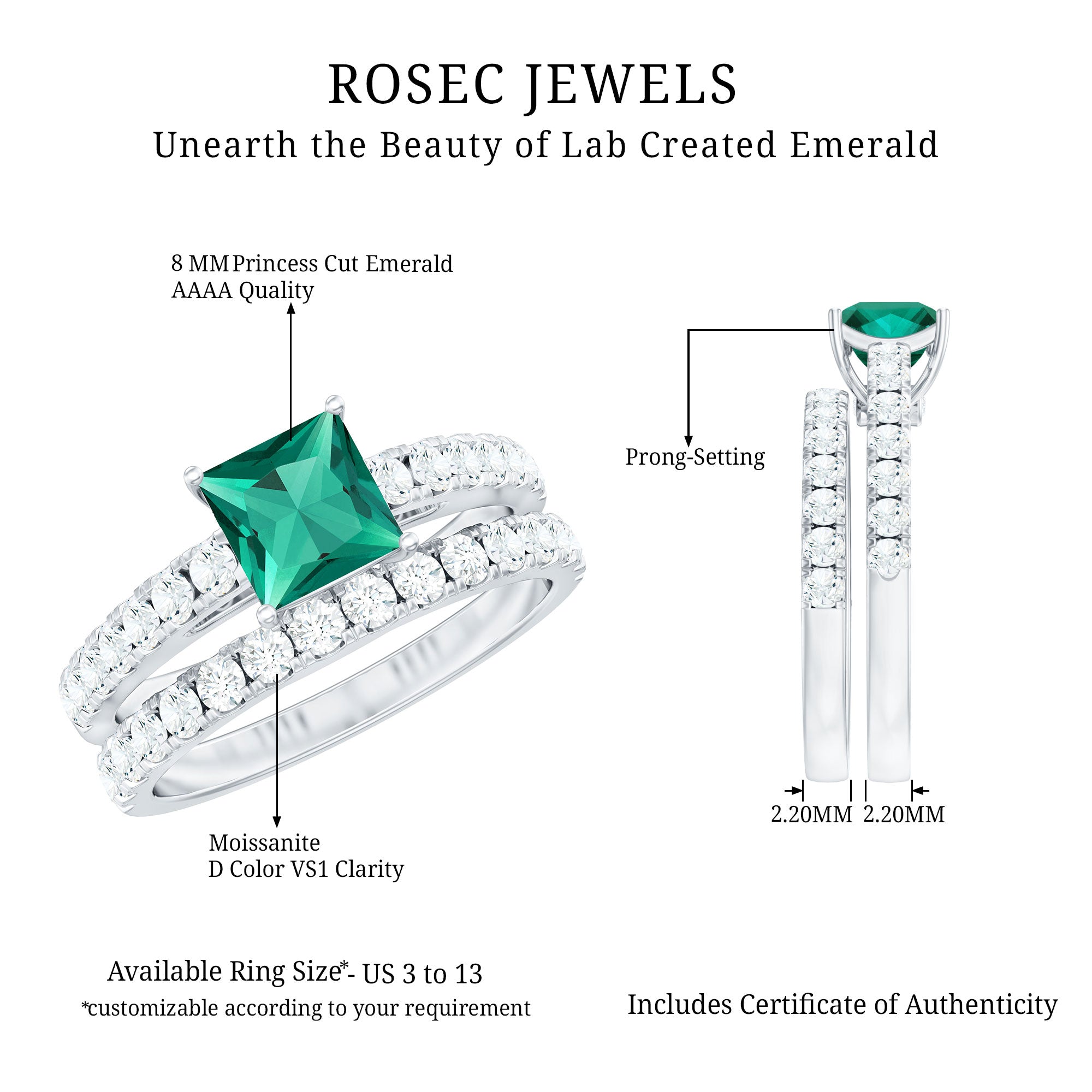 Lab Grown Emerald Princess Cut Engagement Ring with Wedding Band