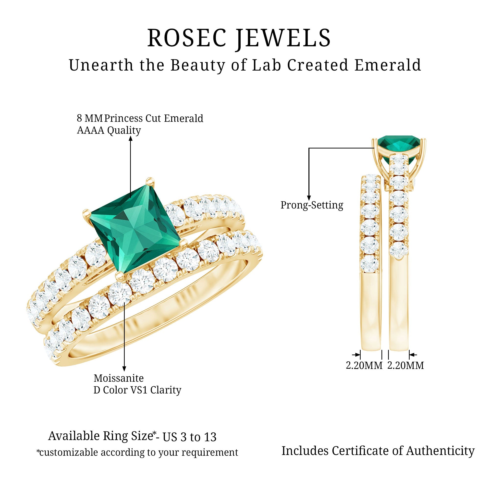 Lab Grown Emerald Princess Cut Engagement Ring with Wedding Band