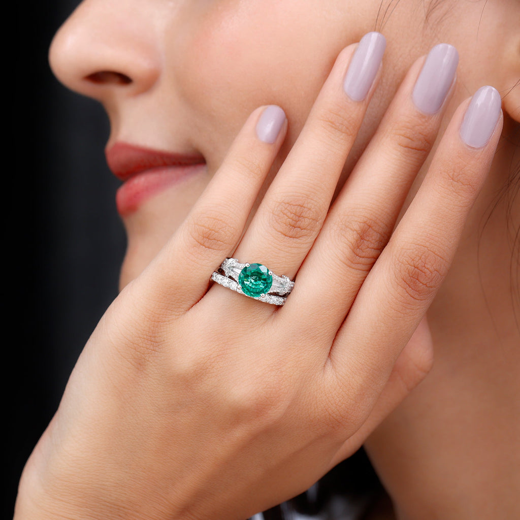 Designer Lab Grown Emerald Engagement Ring with Wedding Band