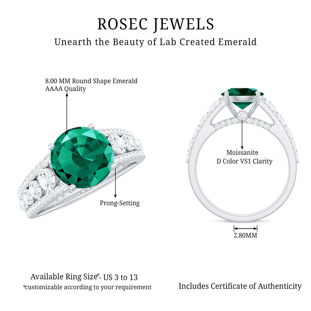Certified 8 mm Lab Grown Emerald Statement Engagement Ring with Side Stones