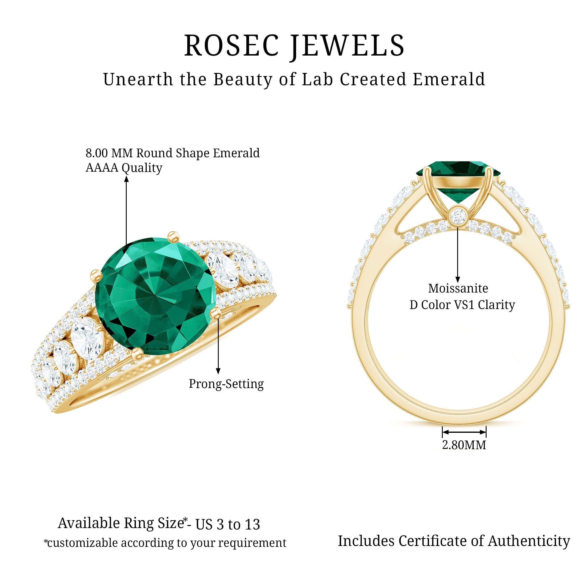 Certified 8 mm Lab Grown Emerald Statement Engagement Ring with Side Stones