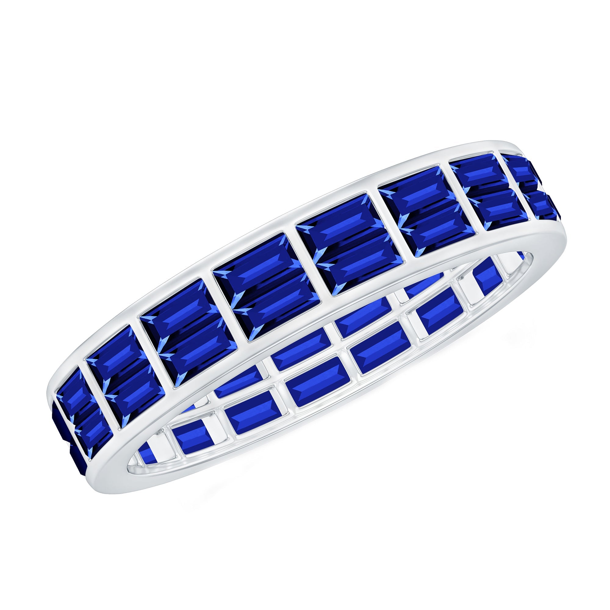 Baguette Cut Lab Created Blue Sapphire Double Row Wedding Band