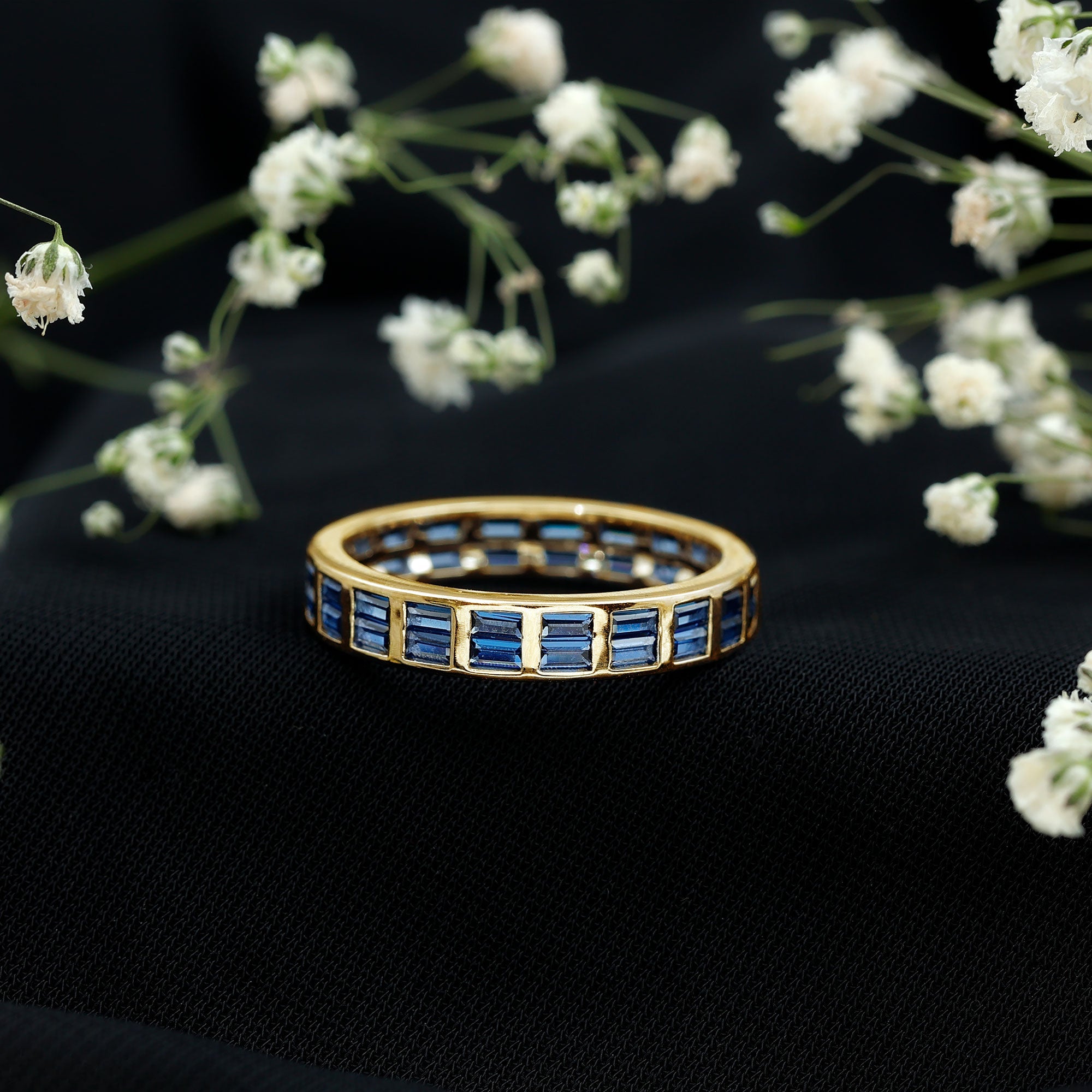 Baguette Cut Lab Created Blue Sapphire Double Row Wedding Band