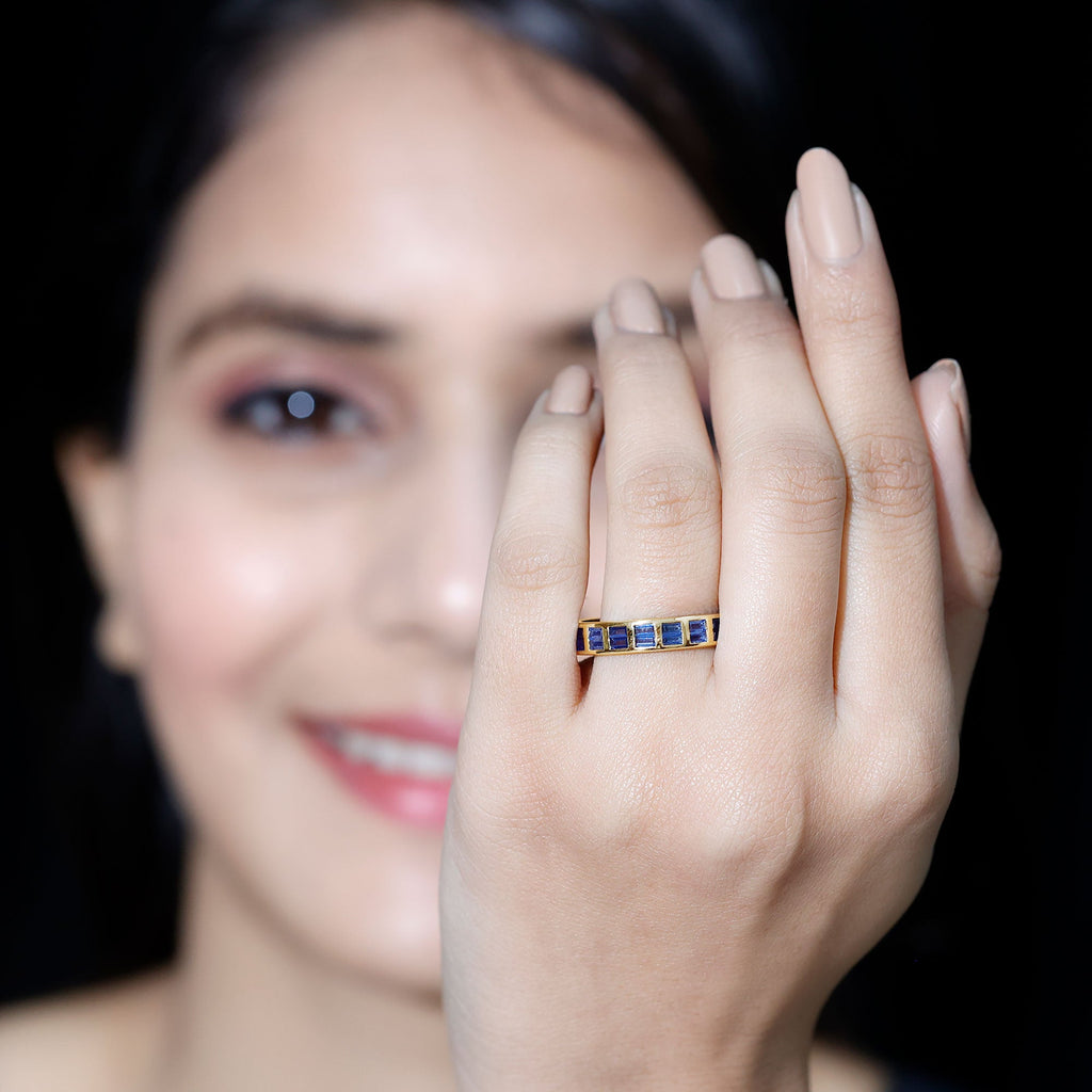 Baguette Cut Lab Created Blue Sapphire Double Row Wedding Band
