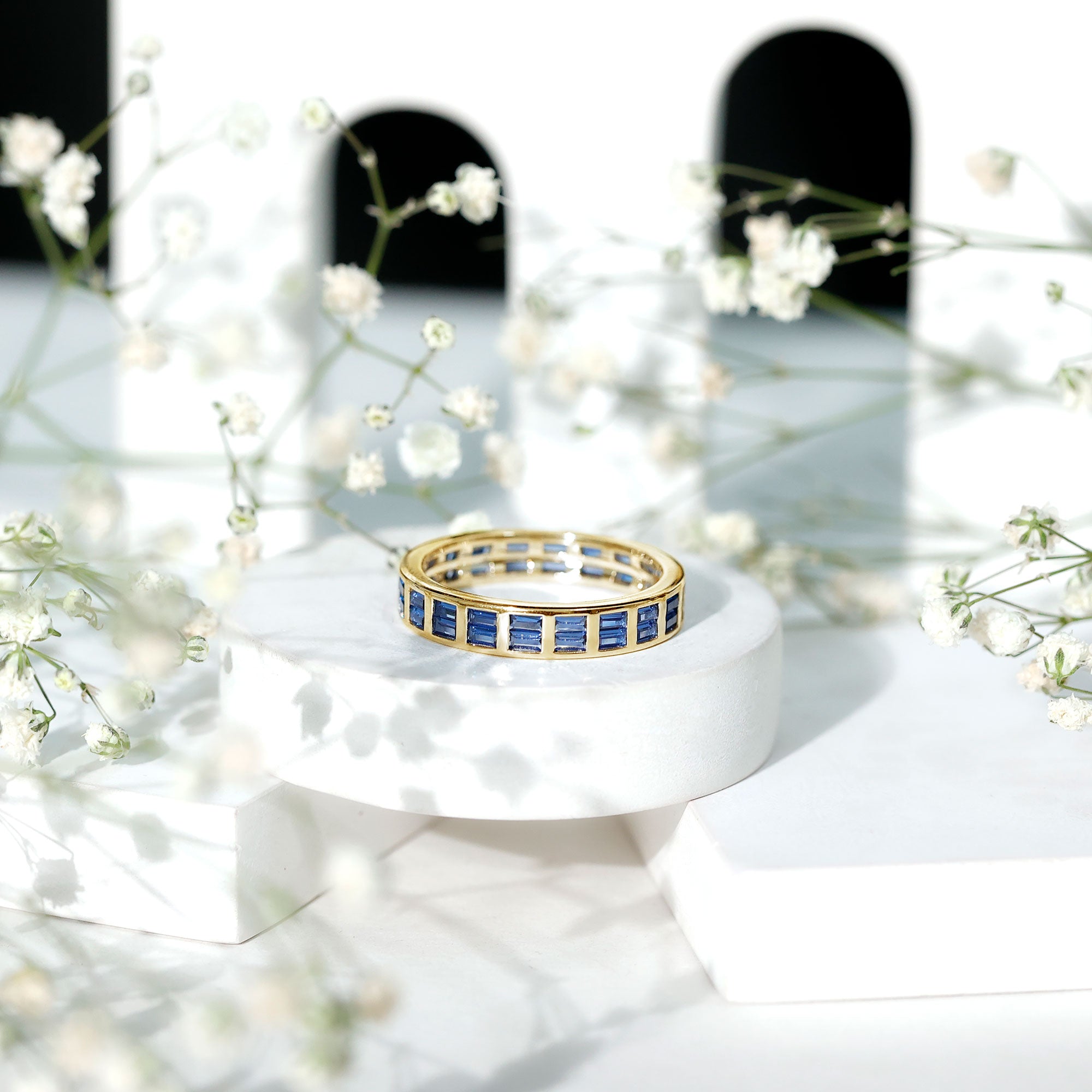 Baguette Cut Lab Created Blue Sapphire Double Row Wedding Band
