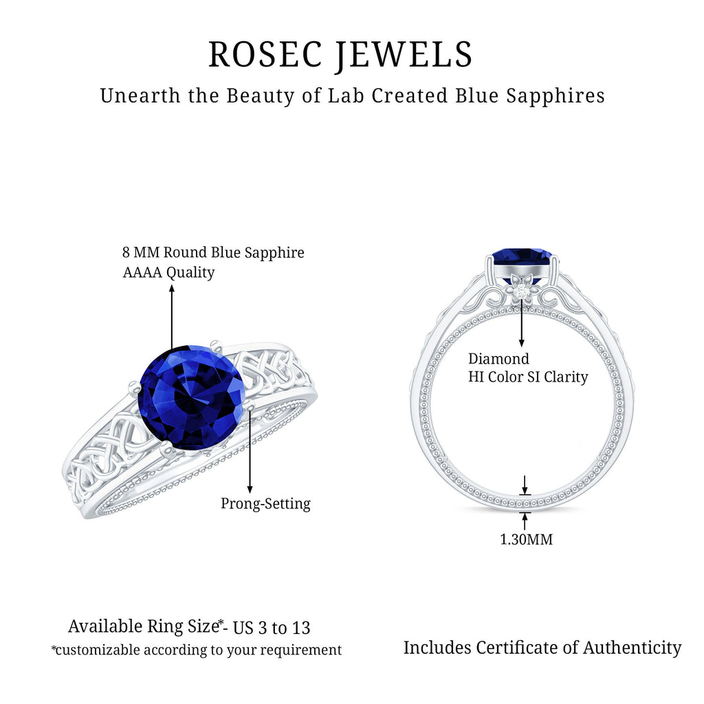 8X8 MM Round Lab Created Blue Sapphire Solitaire Engagement Ring with Surprise Diamond