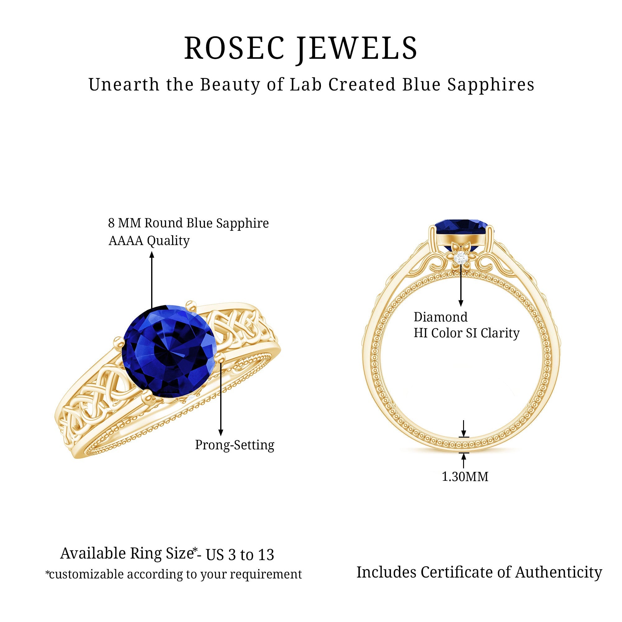 8X8 MM Round Lab Created Blue Sapphire Solitaire Engagement Ring with Surprise Diamond