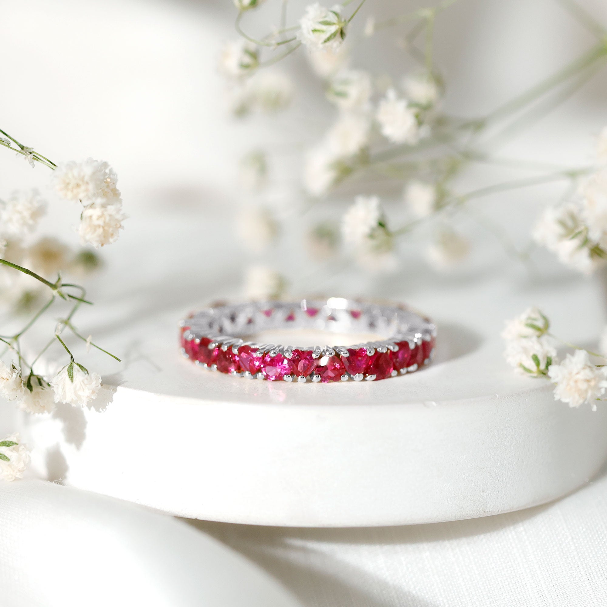 Claw Set Created Ruby Heart Eternity Band Ring in Gold