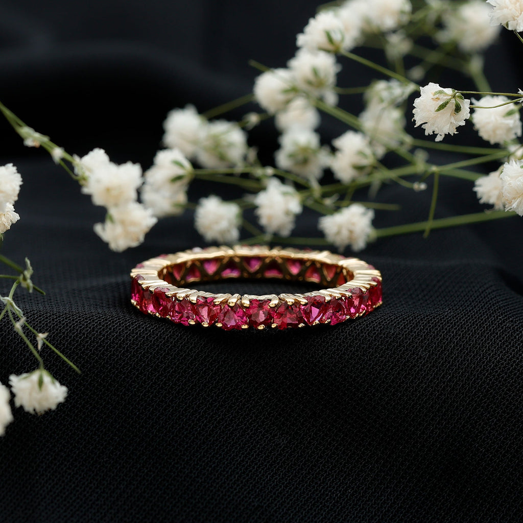 Claw Set Created Ruby Heart Eternity Band Ring in Gold