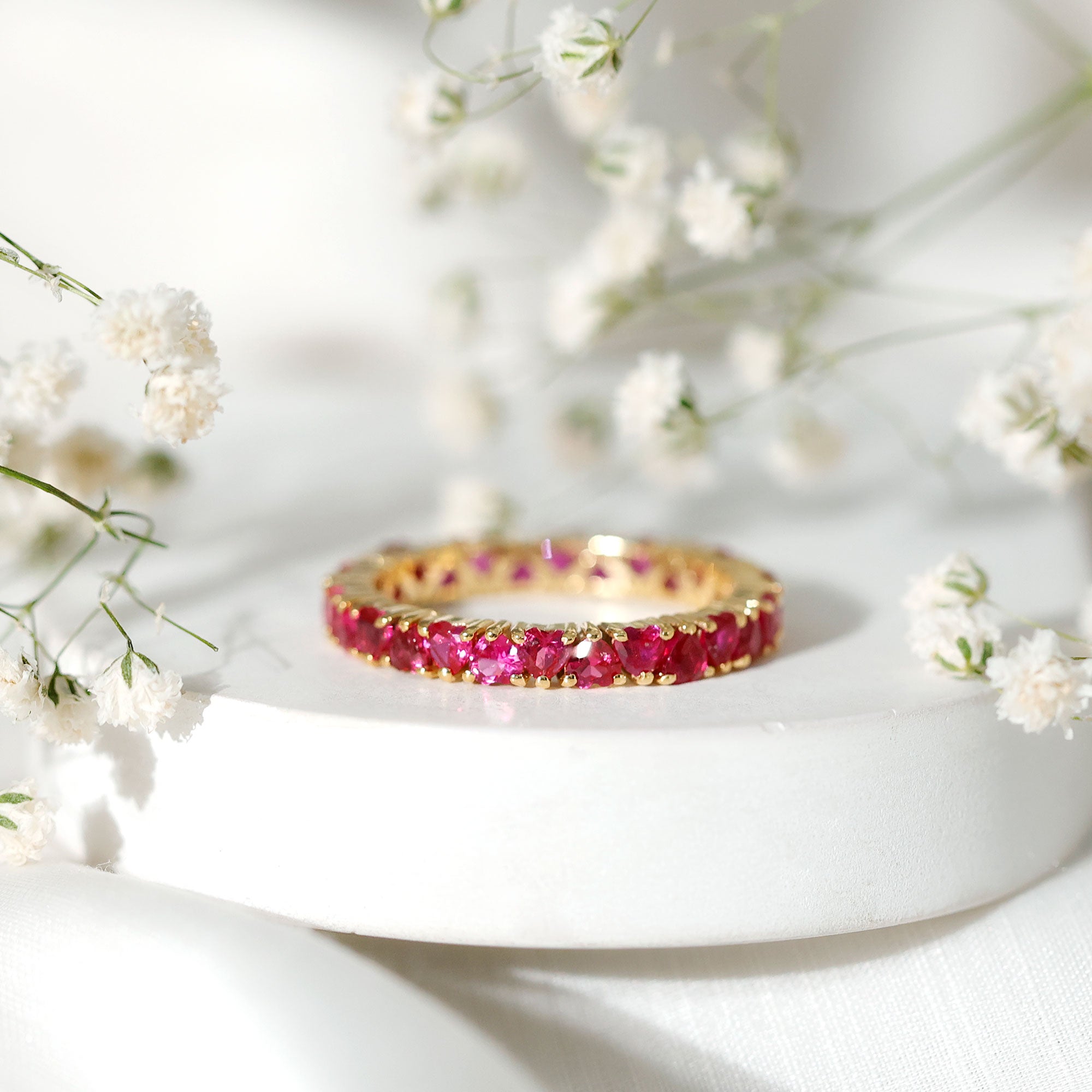 Claw Set Created Ruby Heart Eternity Band Ring in Gold