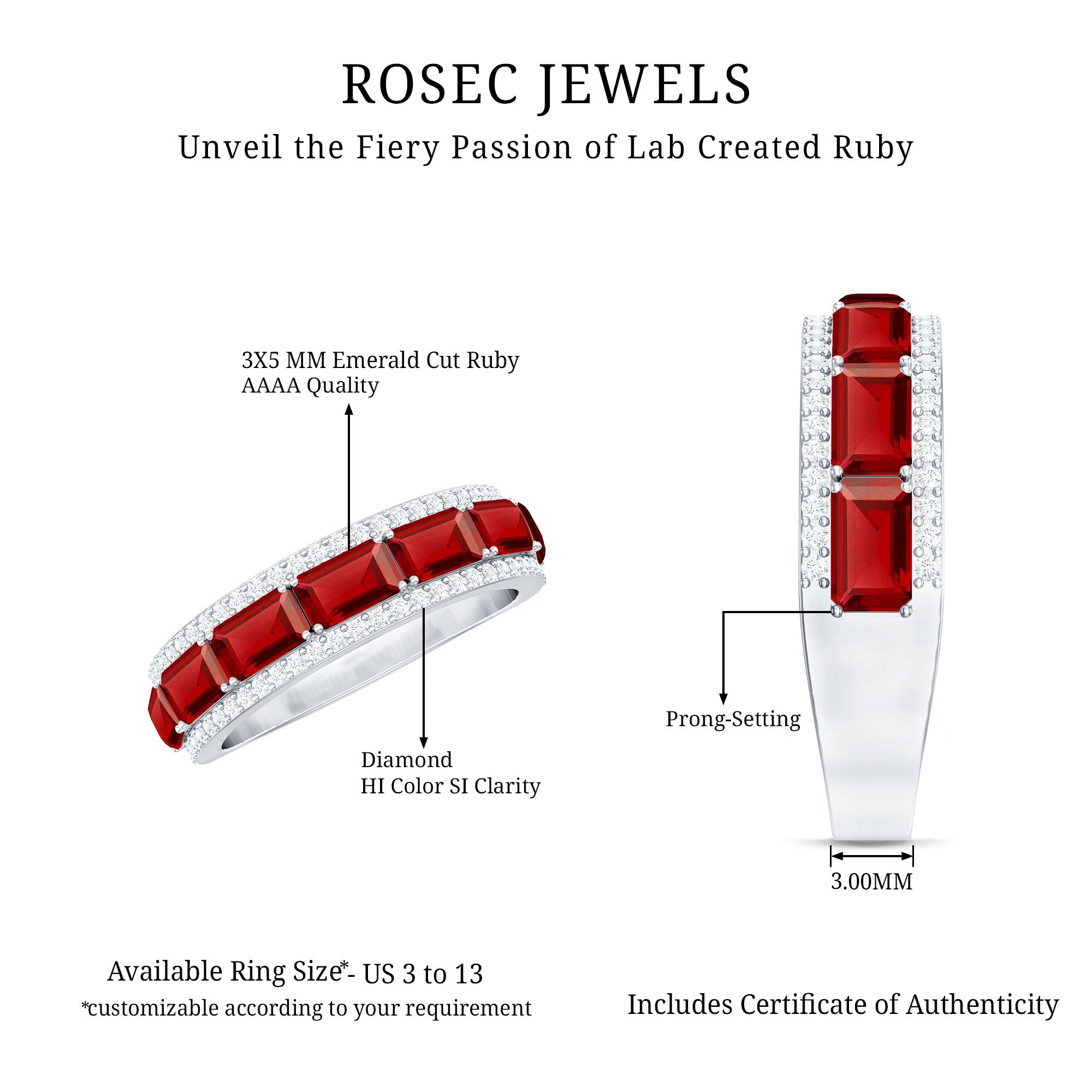 Emerald Cut Created Ruby and Diamond Half Eternity Band
