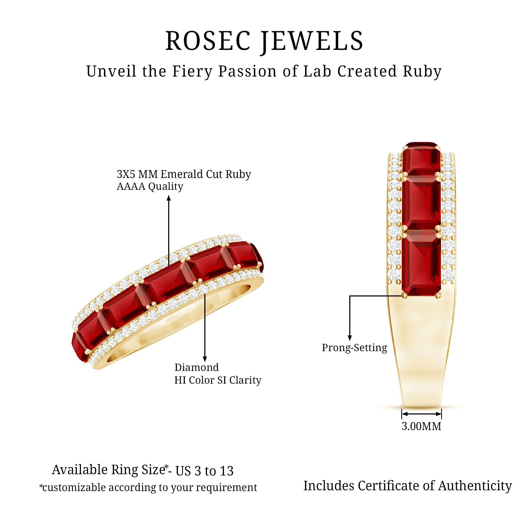 Emerald Cut Created Ruby and Diamond Half Eternity Band