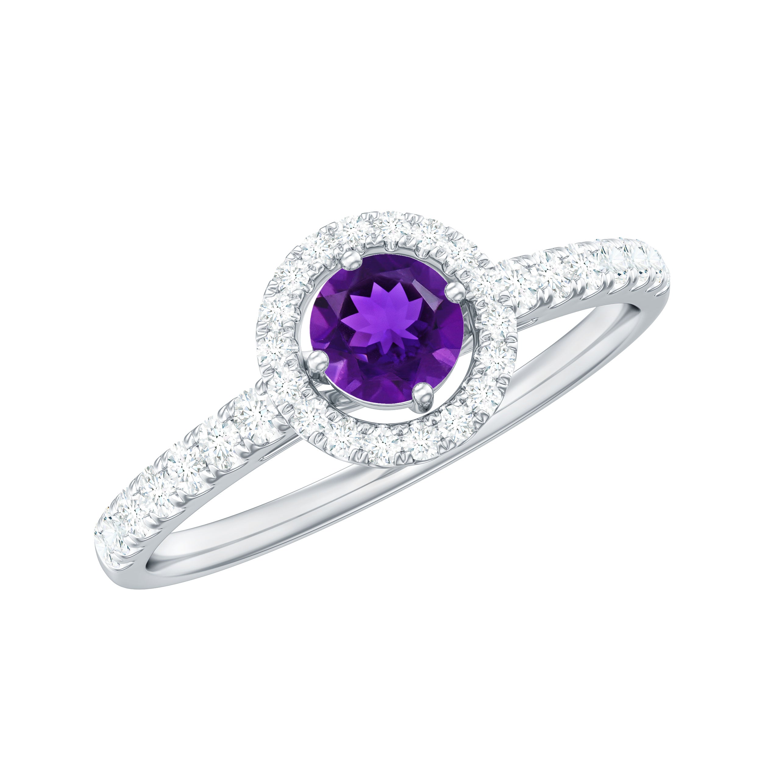 Genuine Amethyst and Diamond Halo Engagement Ring
