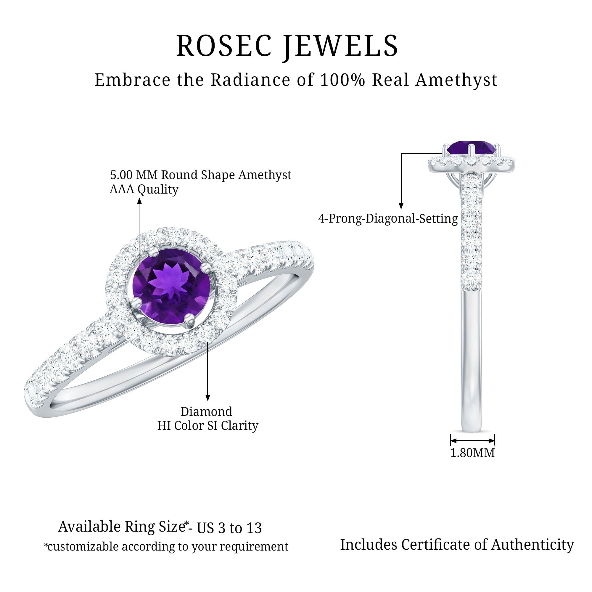 Genuine Amethyst and Diamond Halo Engagement Ring