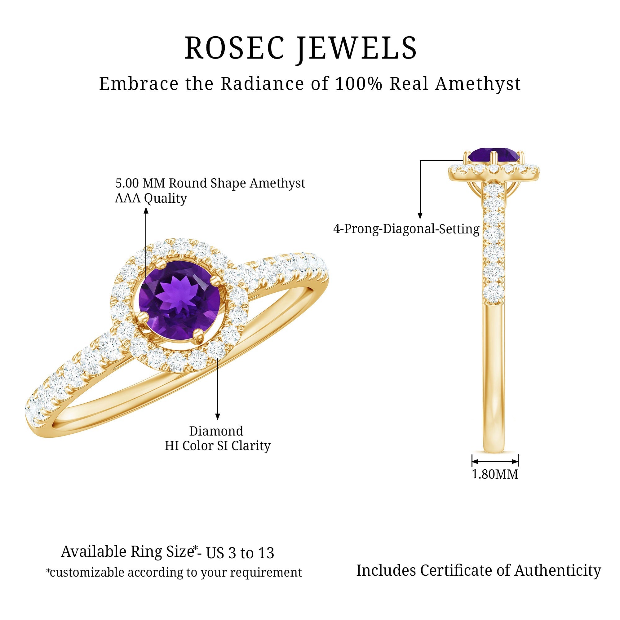 Genuine Amethyst and Diamond Halo Engagement Ring