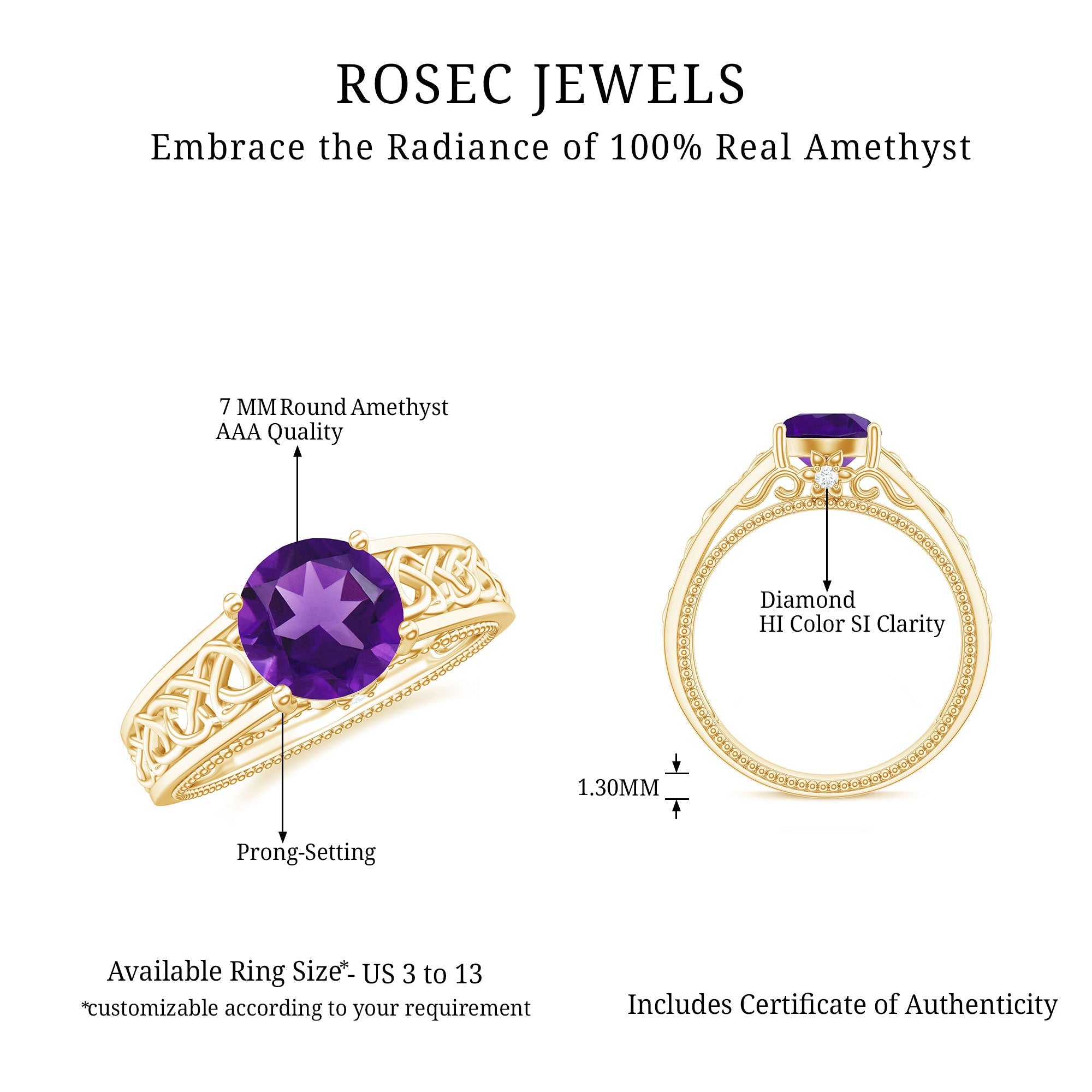 1.25 CT Amethyst Celtic Solitaire Band with Diamond