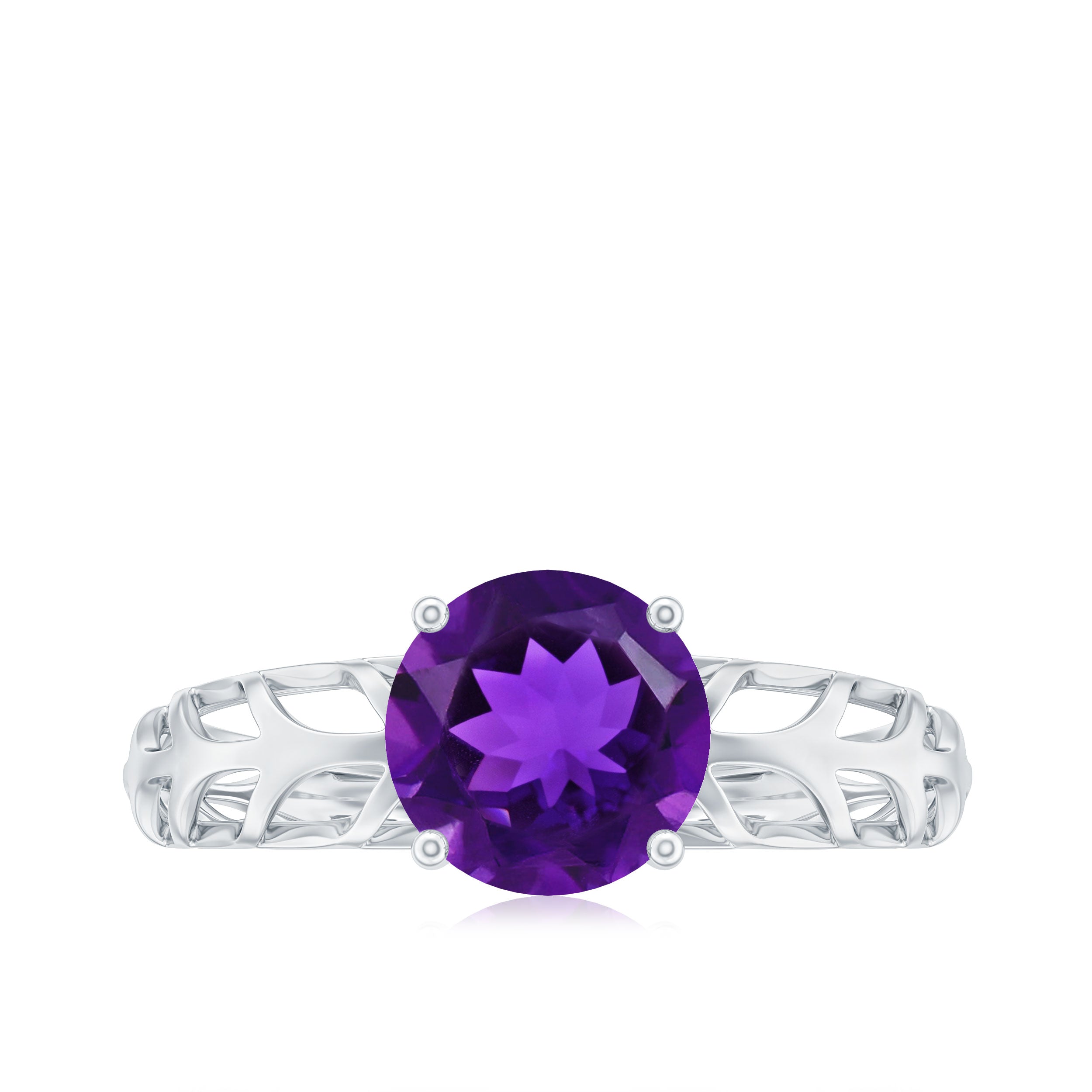 7 MM Round Amethyst Solitaire Engagement Ring with Gold Filigree Details
