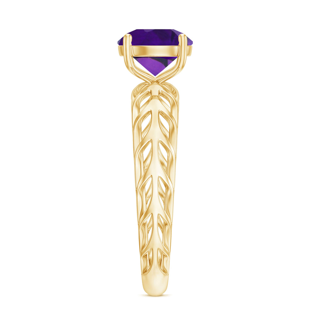 7 MM Round Amethyst Solitaire Engagement Ring with Gold Filigree Details