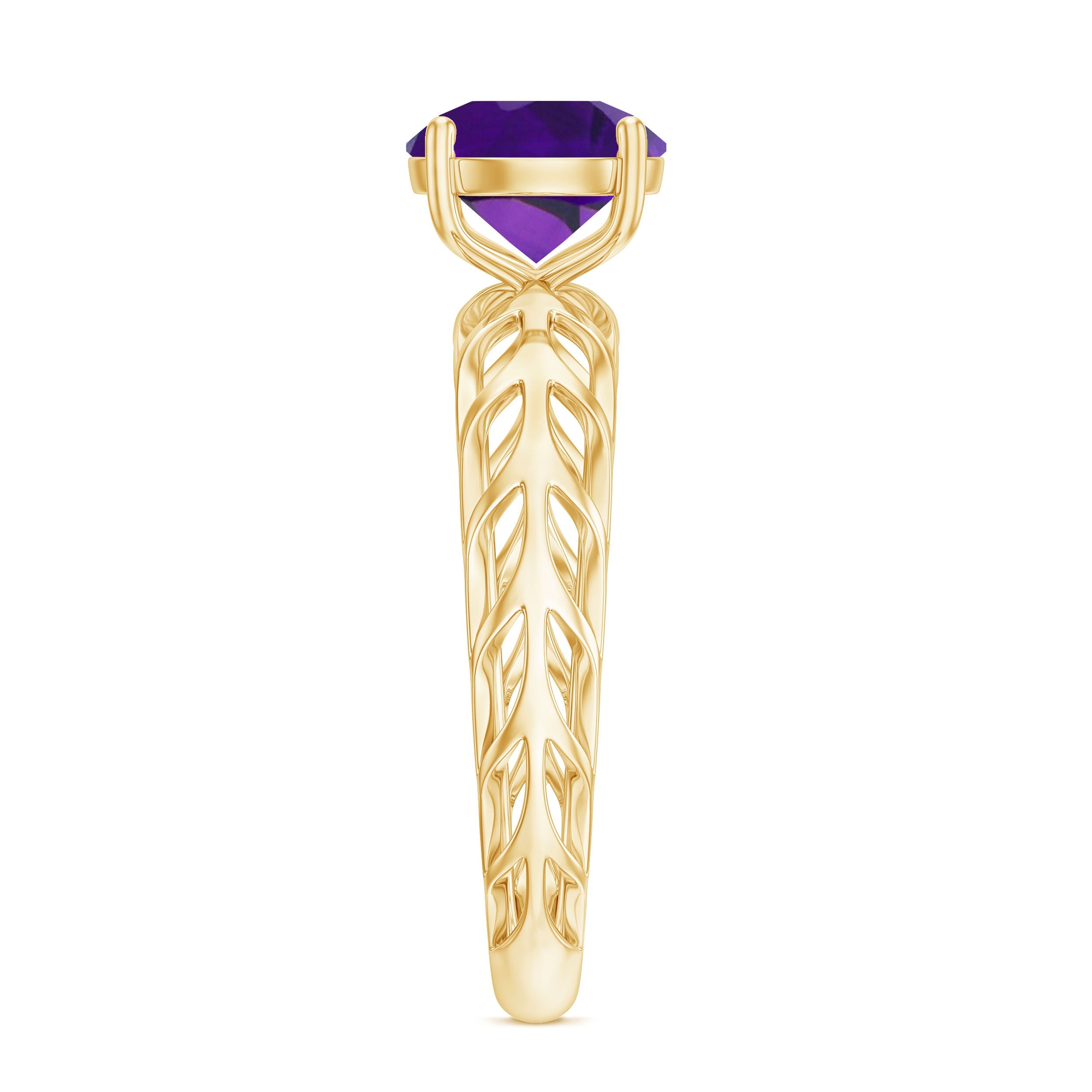 7 MM Round Amethyst Solitaire Engagement Ring with Gold Filigree Details