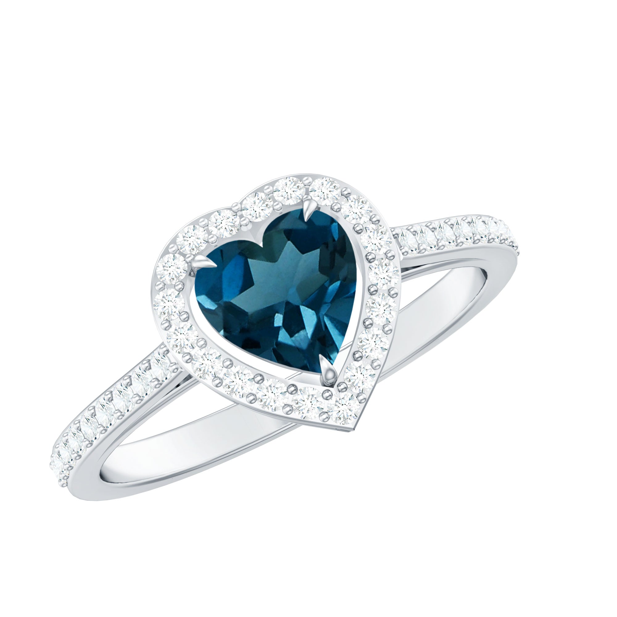 Heart Shaped London Blue Topaz Engagement Ring with Diamond Halo