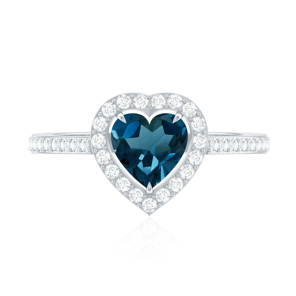 Heart Shaped London Blue Topaz Engagement Ring with Diamond Halo