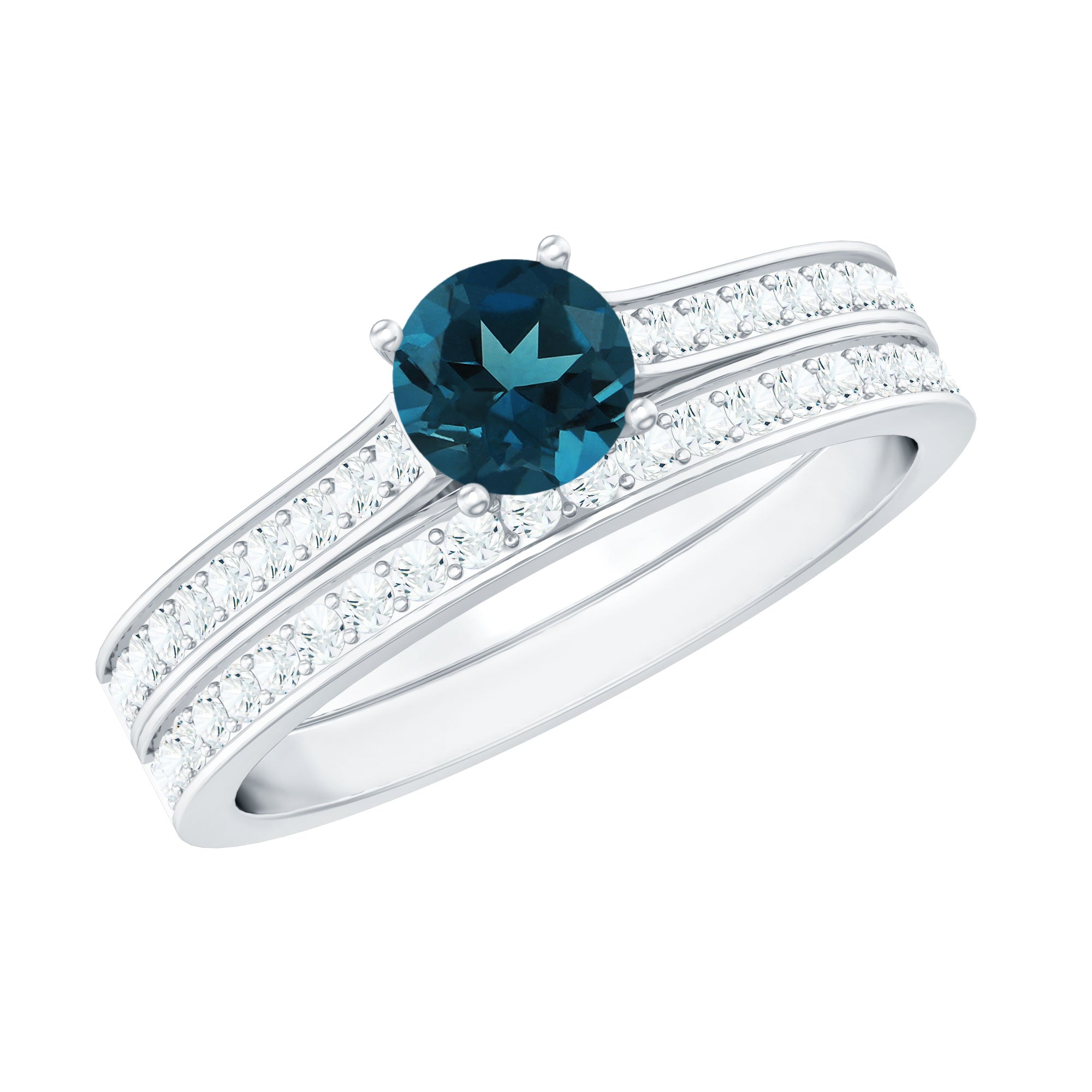 5mm London Blue Topaz Classic Engagement Ring with Diamond Wedding band